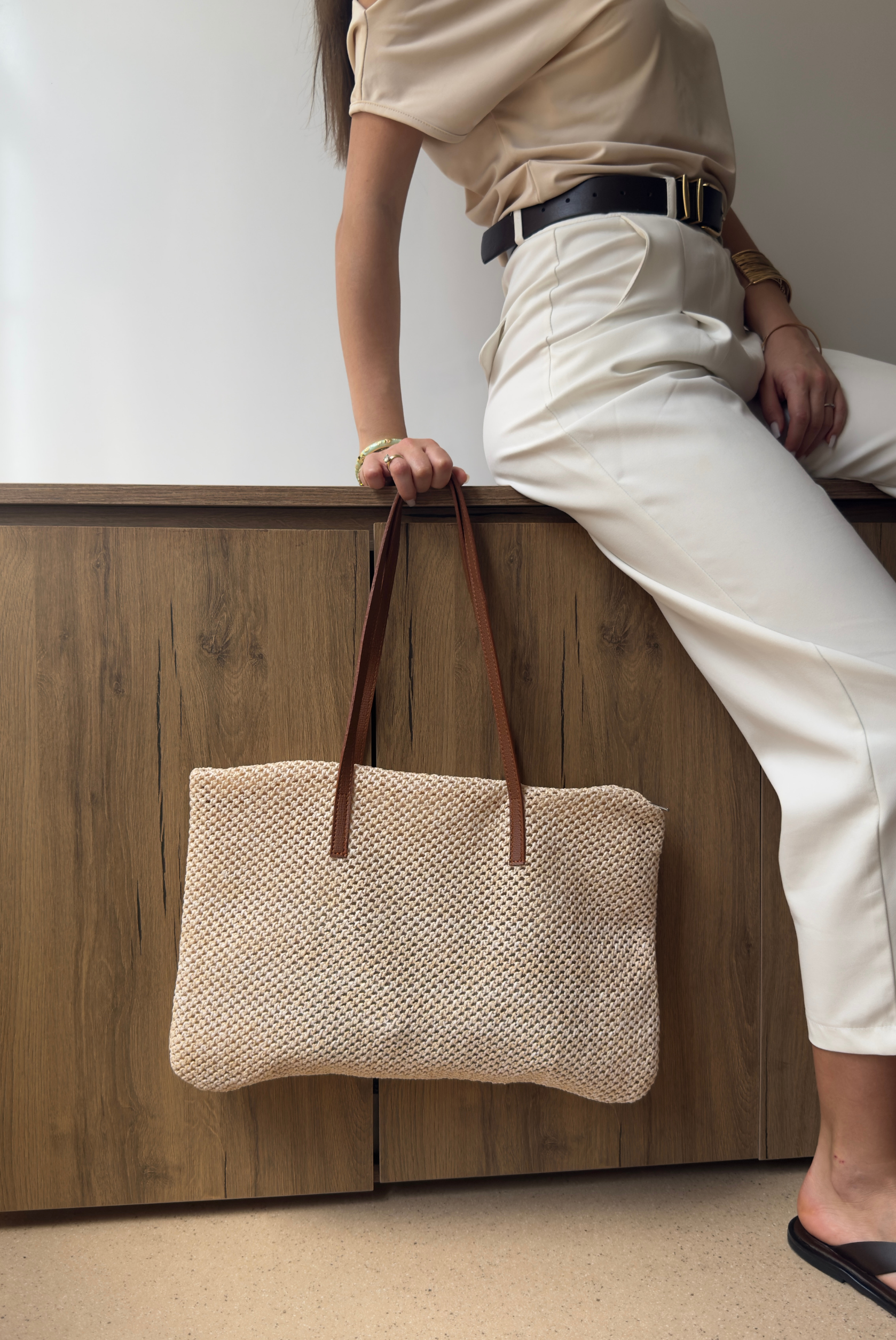 Kadın Hasır El ve Omuz Çantası BEJ HASIR