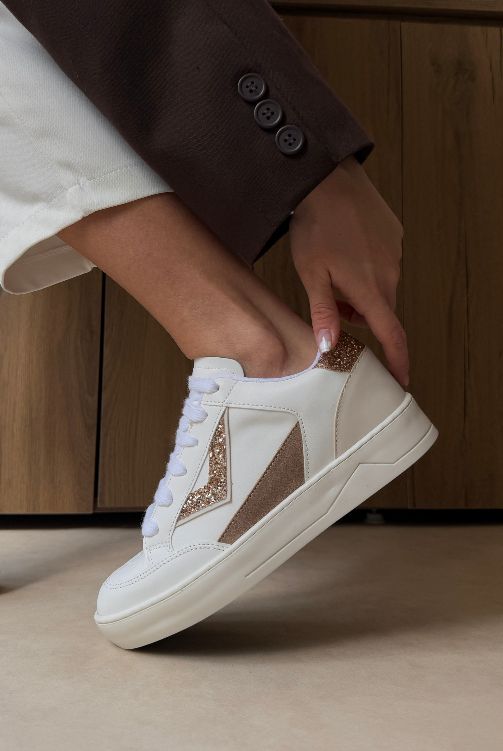 Kadın Spor Ayakkabı BEYAZ BEJ PIRILTI