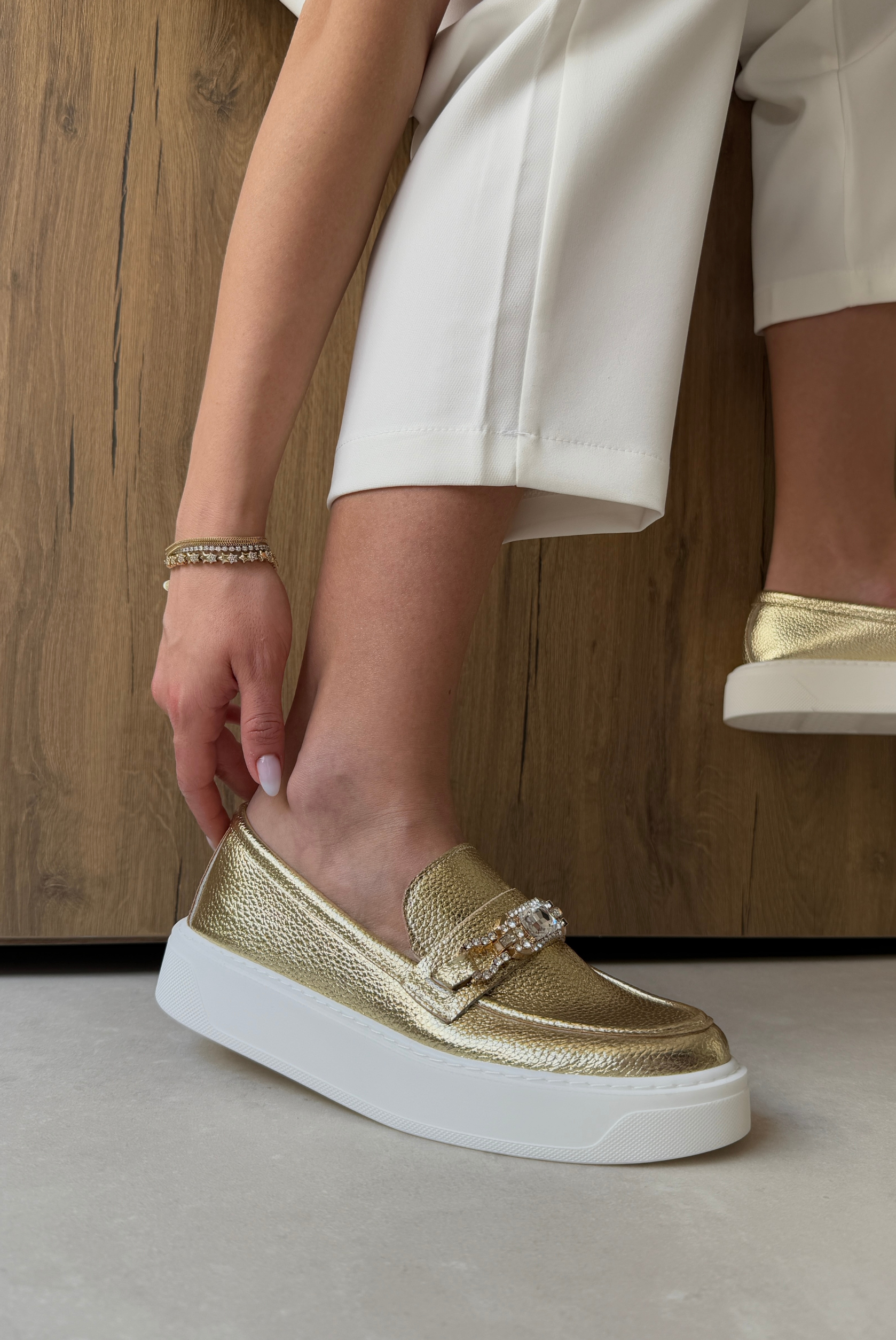 Kadın Taşlı Loafer GOLD