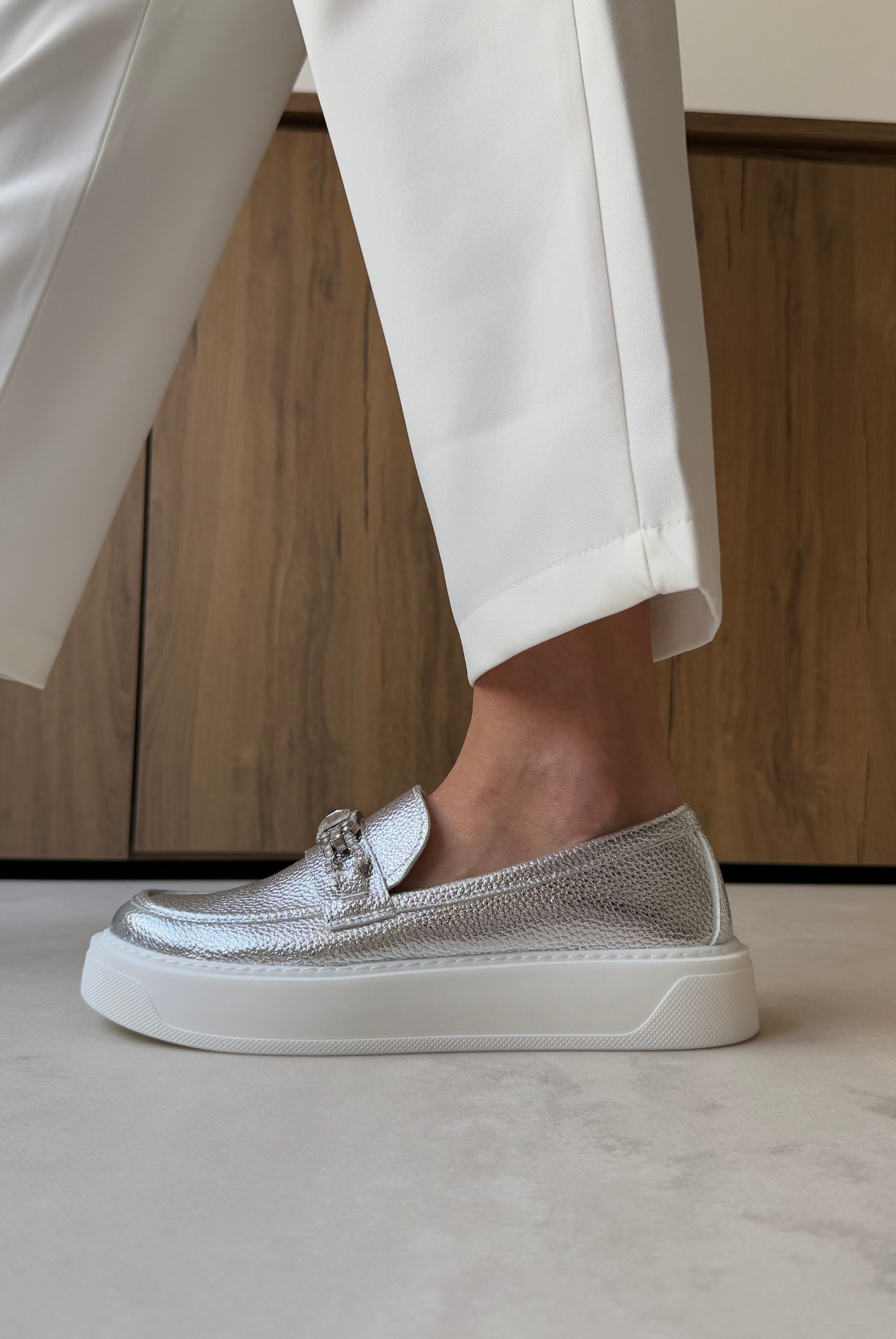 Kadın Taşlı Loafer SİLVER