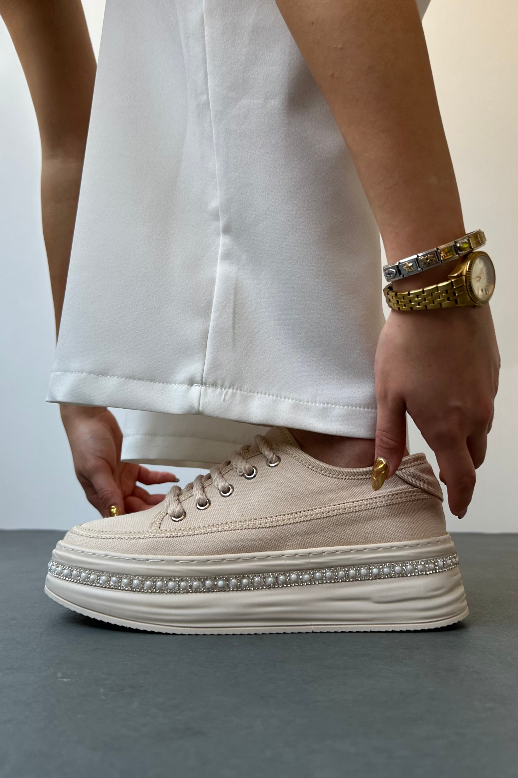 Kadın Taşlı Spor Ayakkabı BEJ KETEN