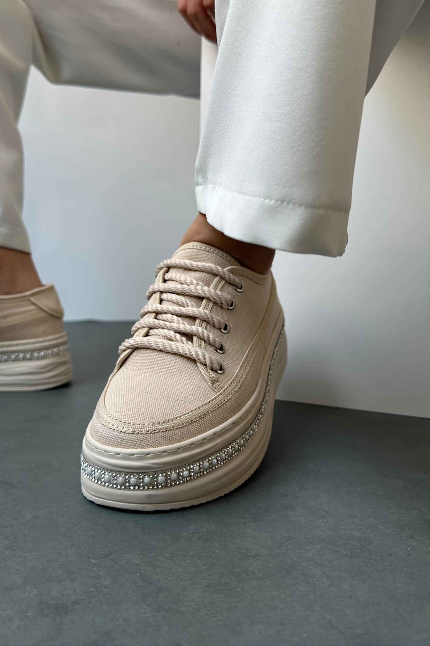 Kadın Taşlı Spor Ayakkabı BEJ KETEN