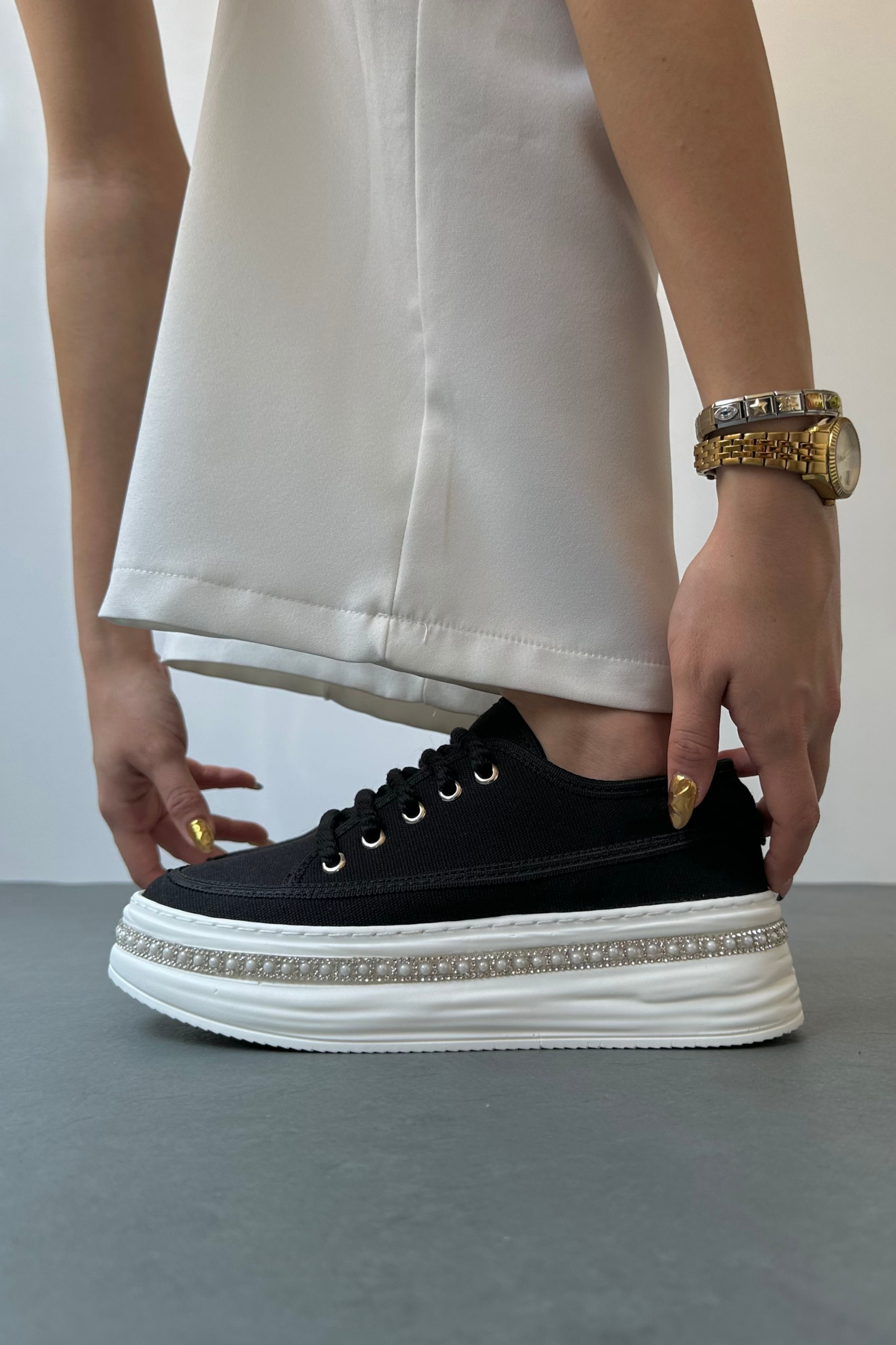 Kadın Taşlı Spor Ayakkabı SİYAH KETEN