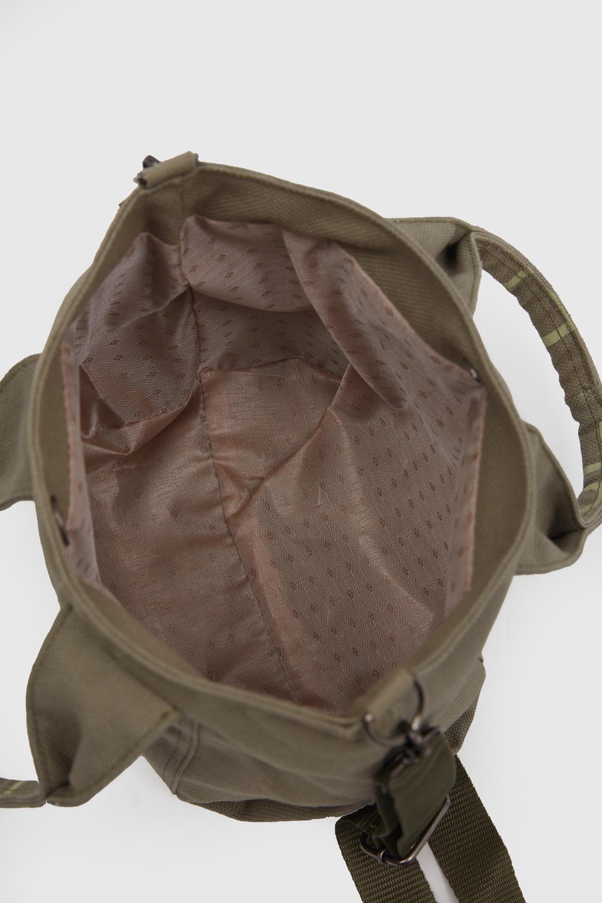 Kanvas Kumaş Çapraz Çanta Kadın Yazılı Haki