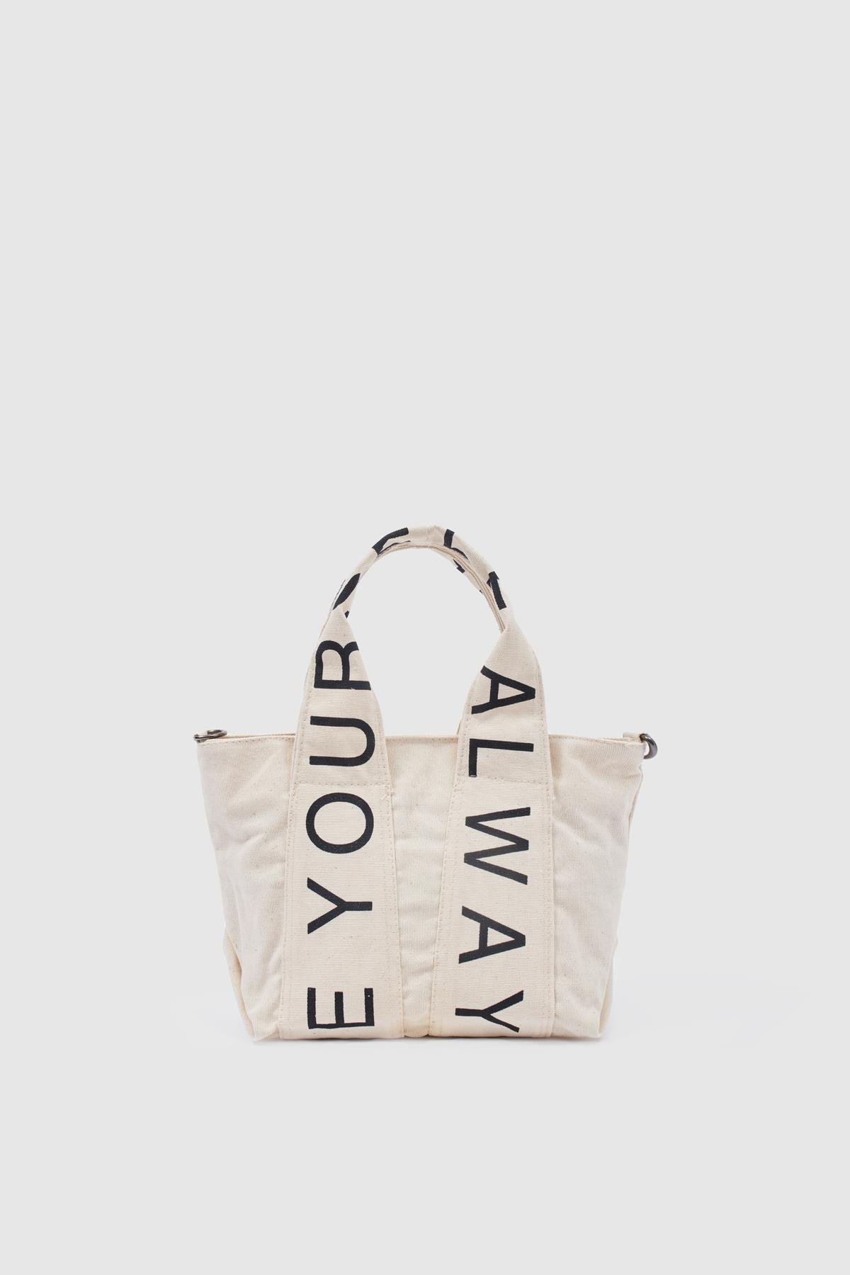 Kanvas Kumaş Çapraz Çanta Kadın Yazılı KREM