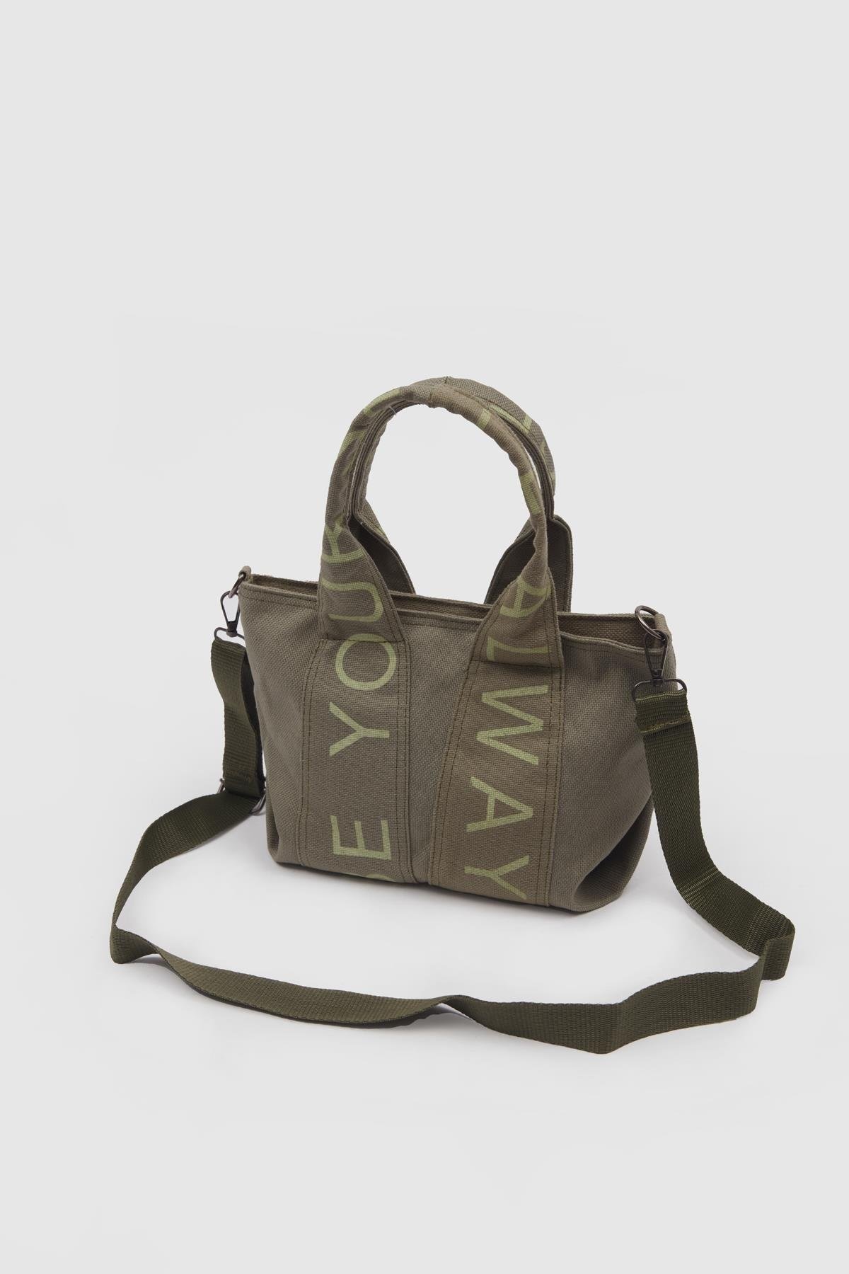 Kanvas Kumaş Çapraz Çanta Kadın Yazılı Haki