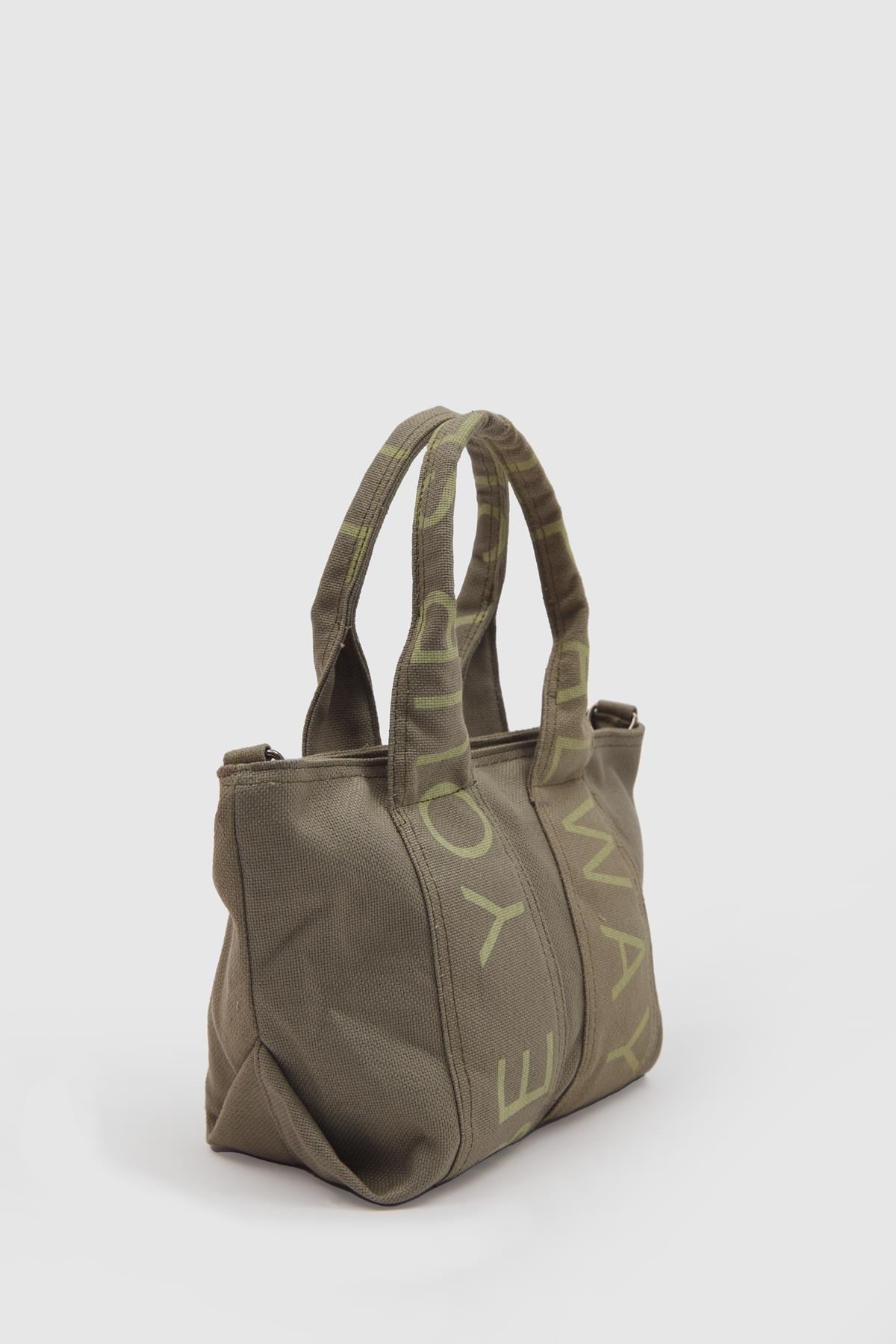 Kanvas Kumaş Çapraz Çanta Kadın Yazılı Haki