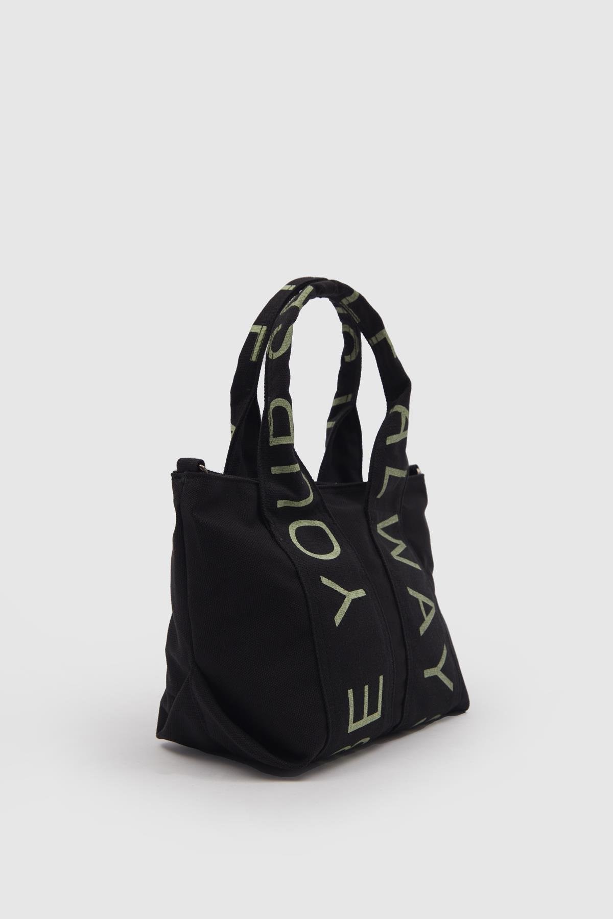 Kanvas Kumaş Çapraz Çanta Kadın Yazılı SİYAH