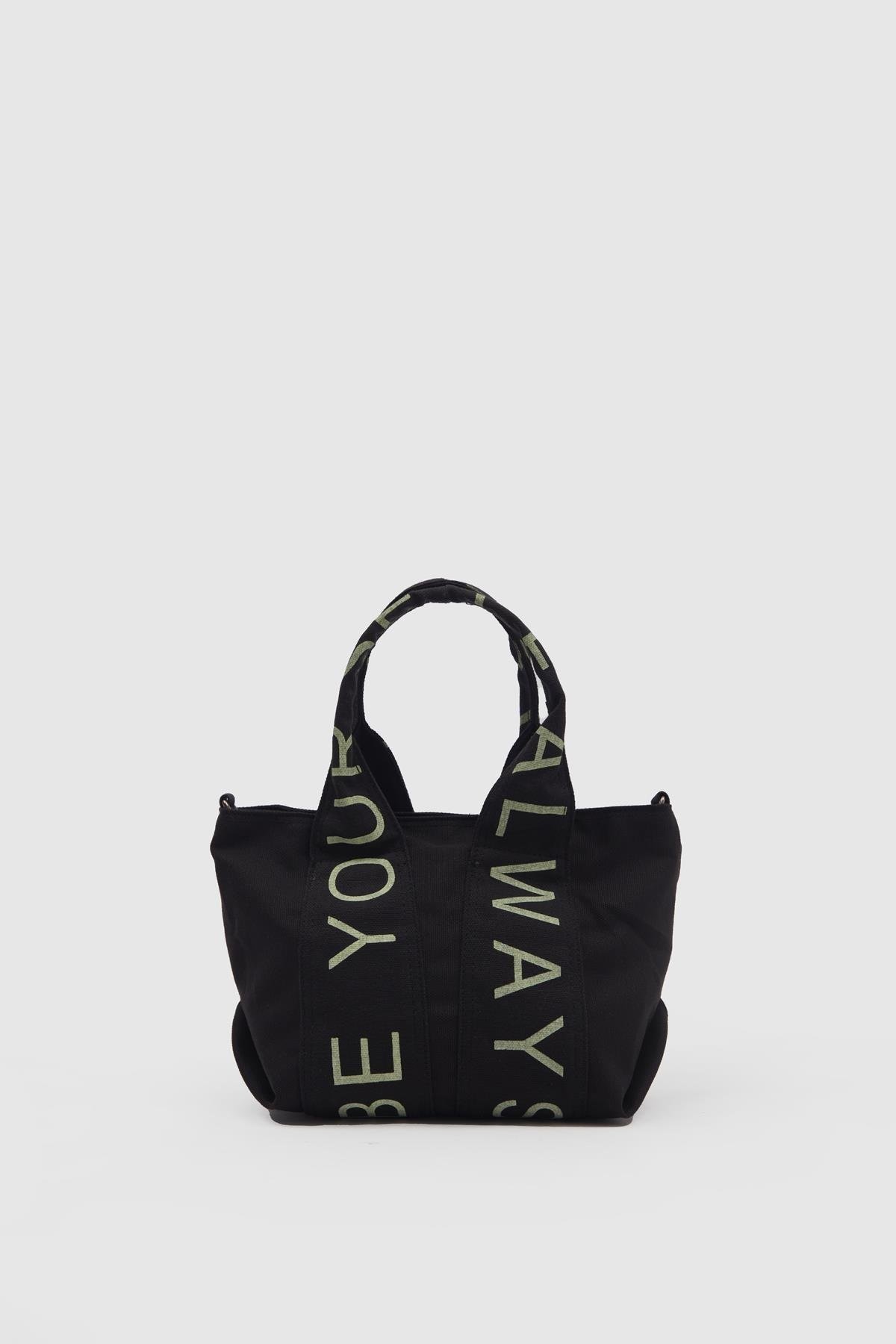 Kanvas Kumaş Çapraz Çanta Kadın Yazılı SİYAH