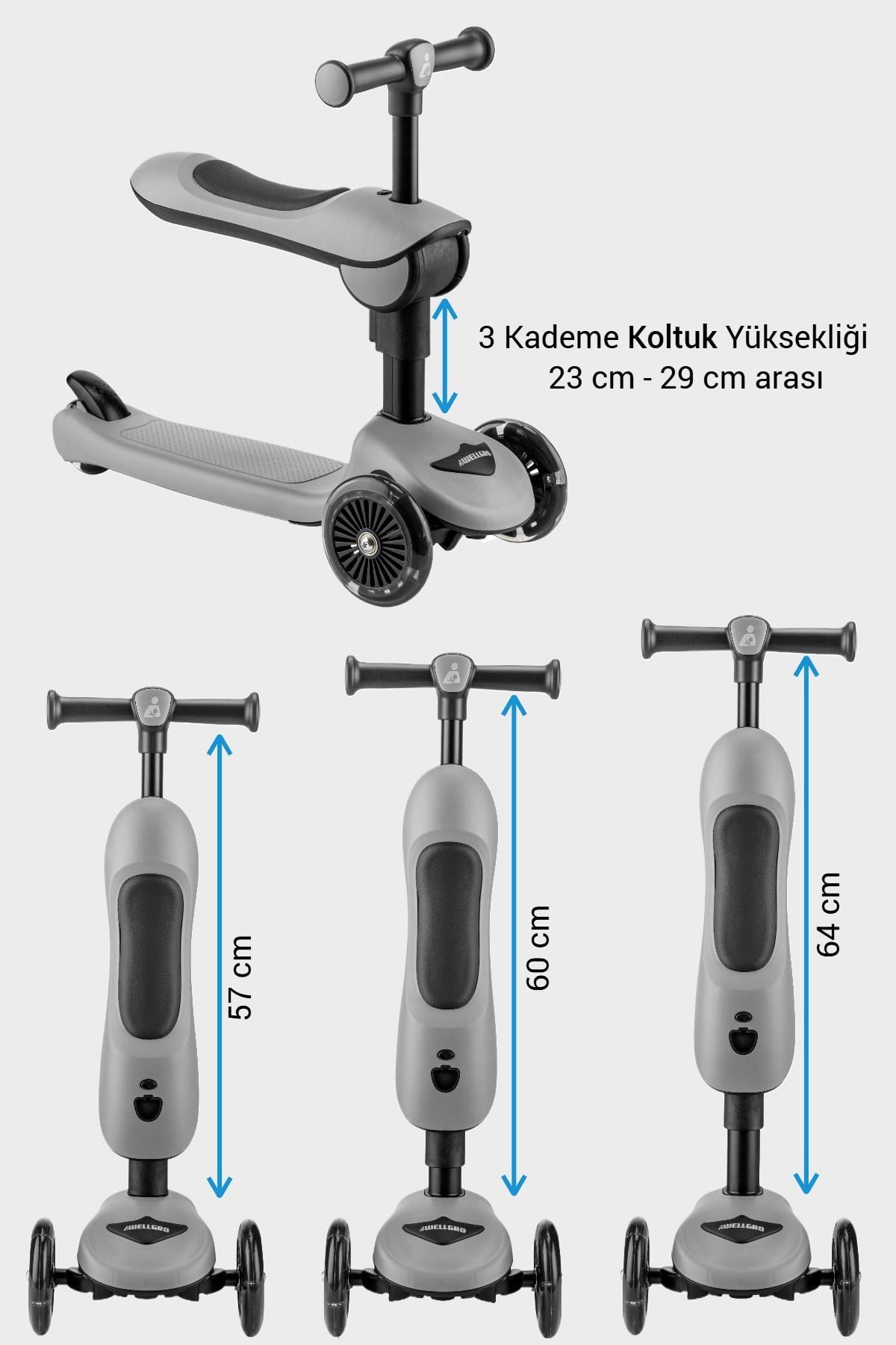 Wellgro Easy Go Oturaklı ve Işıklı Scooter, Gri