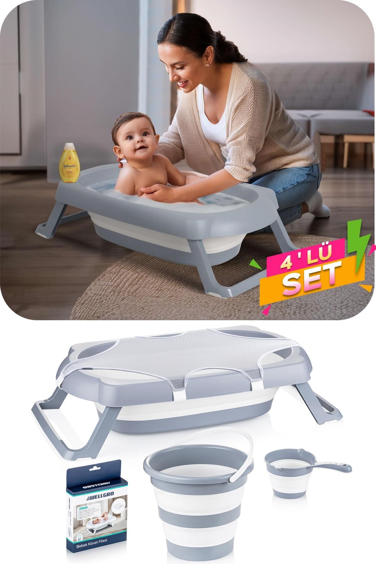 Wellgro Fileli Katlanır Banyo Seti, 4 Parça Bebek Banyo Küveti