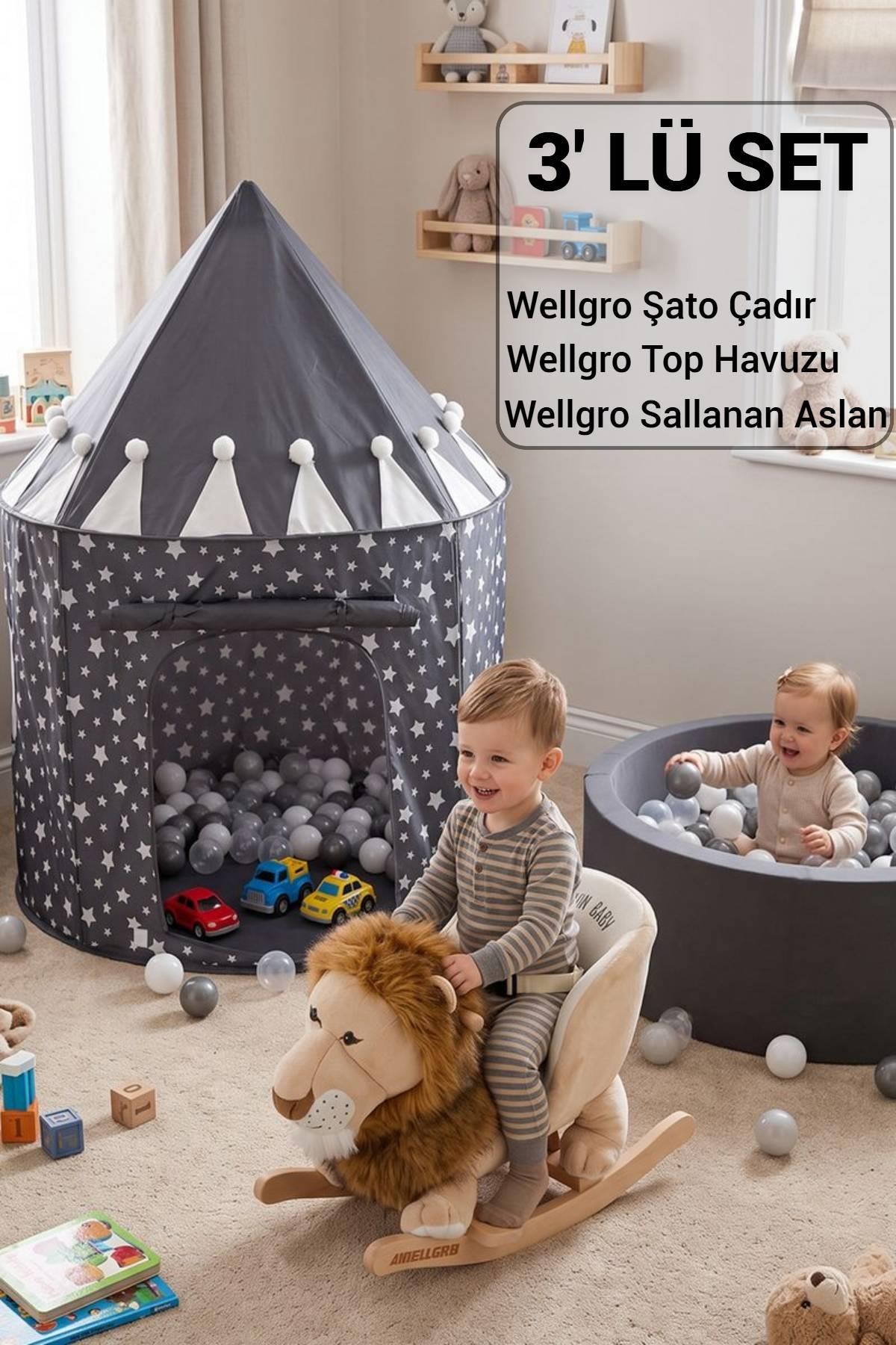 Wellgro Masal Dünyası 3'lü Erkek Oyun Seti - Şato Çadır, Sallanan Ahşap Aslan ve Sünger Top Havuzu
