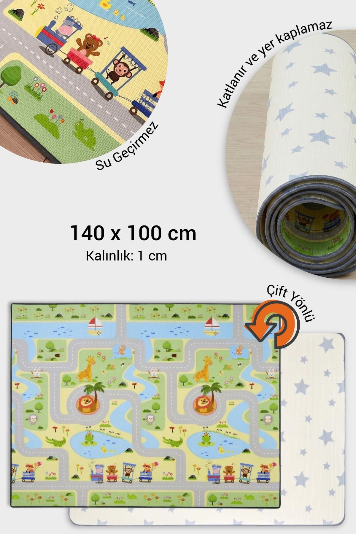 Wellgro Oyun Matı, 140x100x1 cm Çift Taraflı Rulo Oyun Halısı 