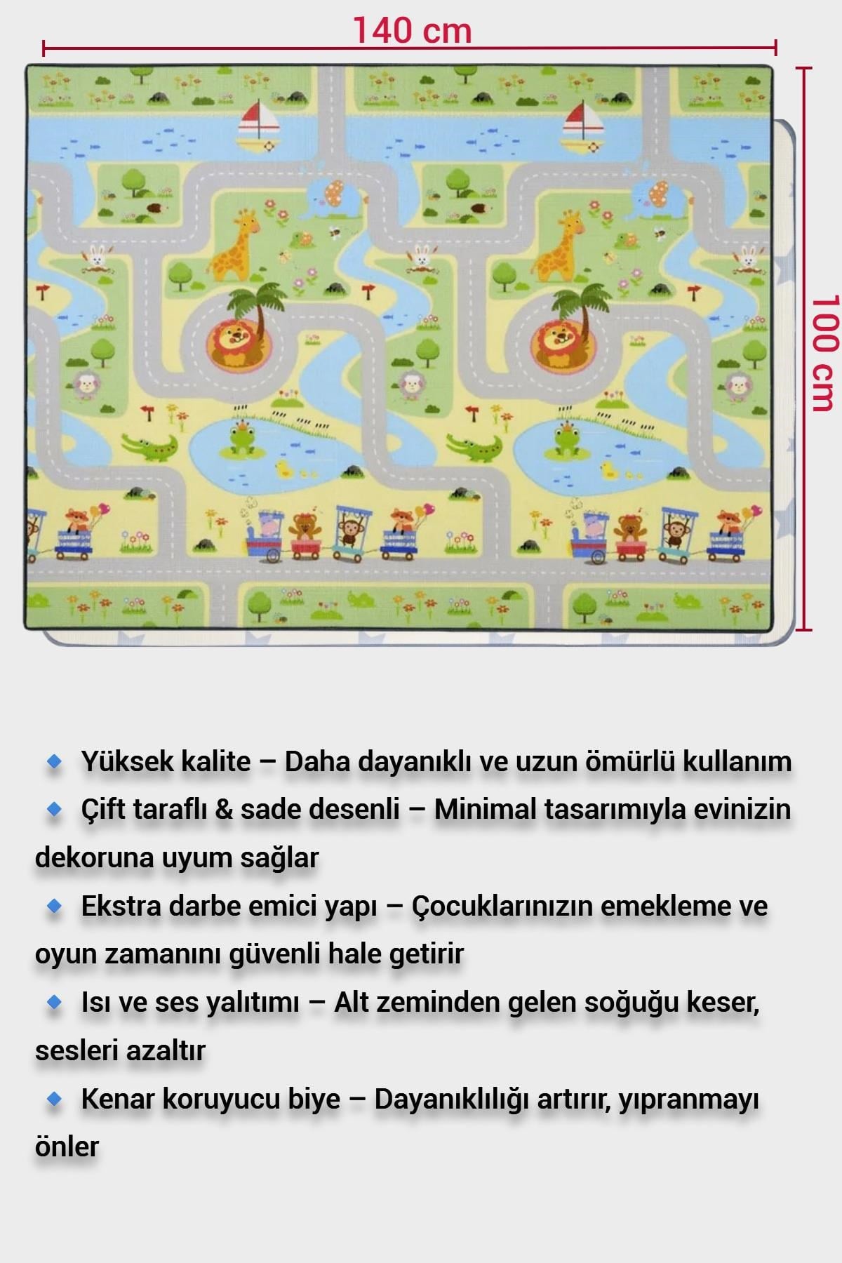 Wellgro Oyun Matı, 140x100x1 cm Çift Taraflı Rulo Oyun Halısı 
