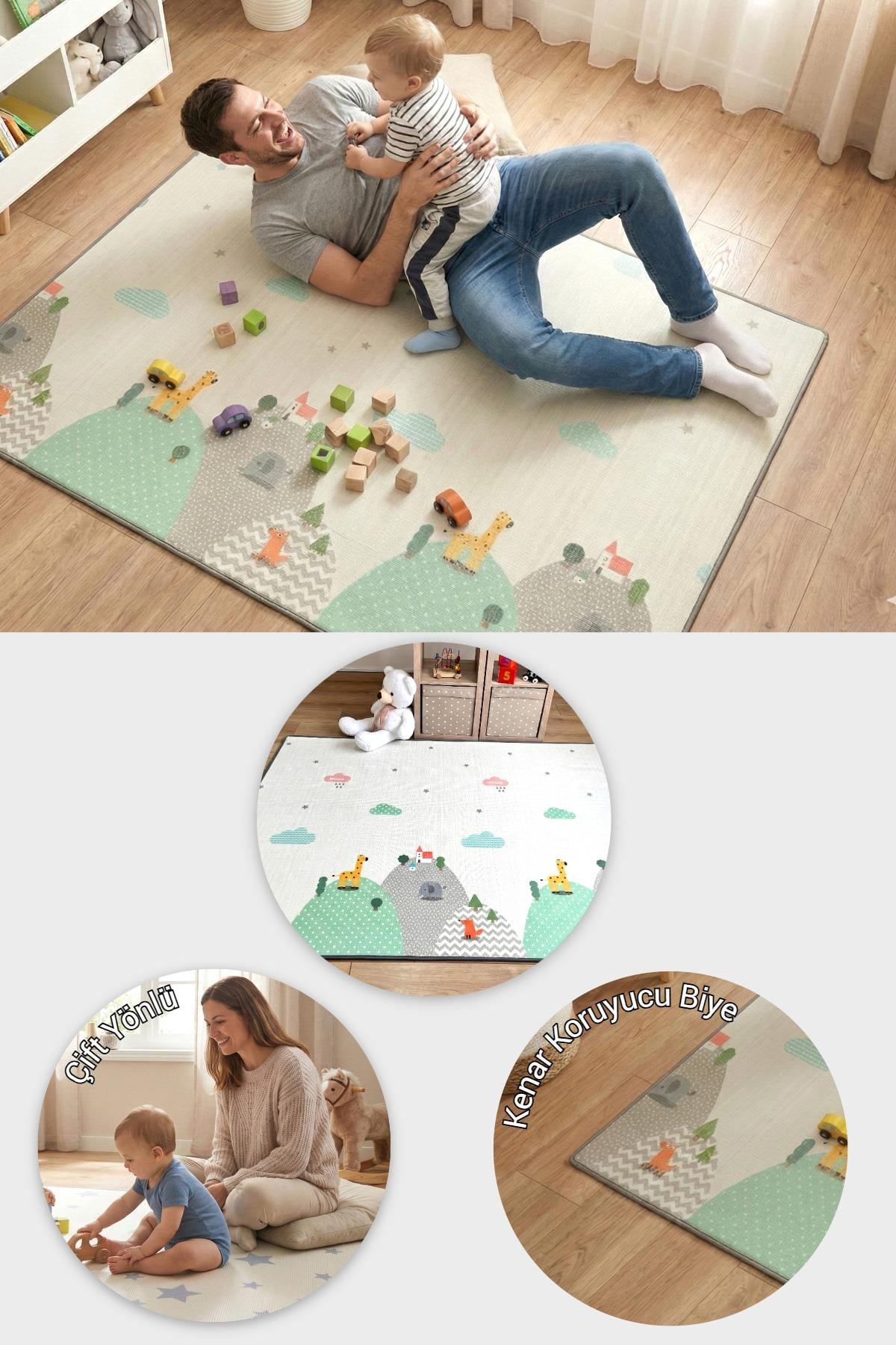 Wellgro Oyun Matı, 140x100x1 cm Çift Taraflı Rulo Oyun Halısı 