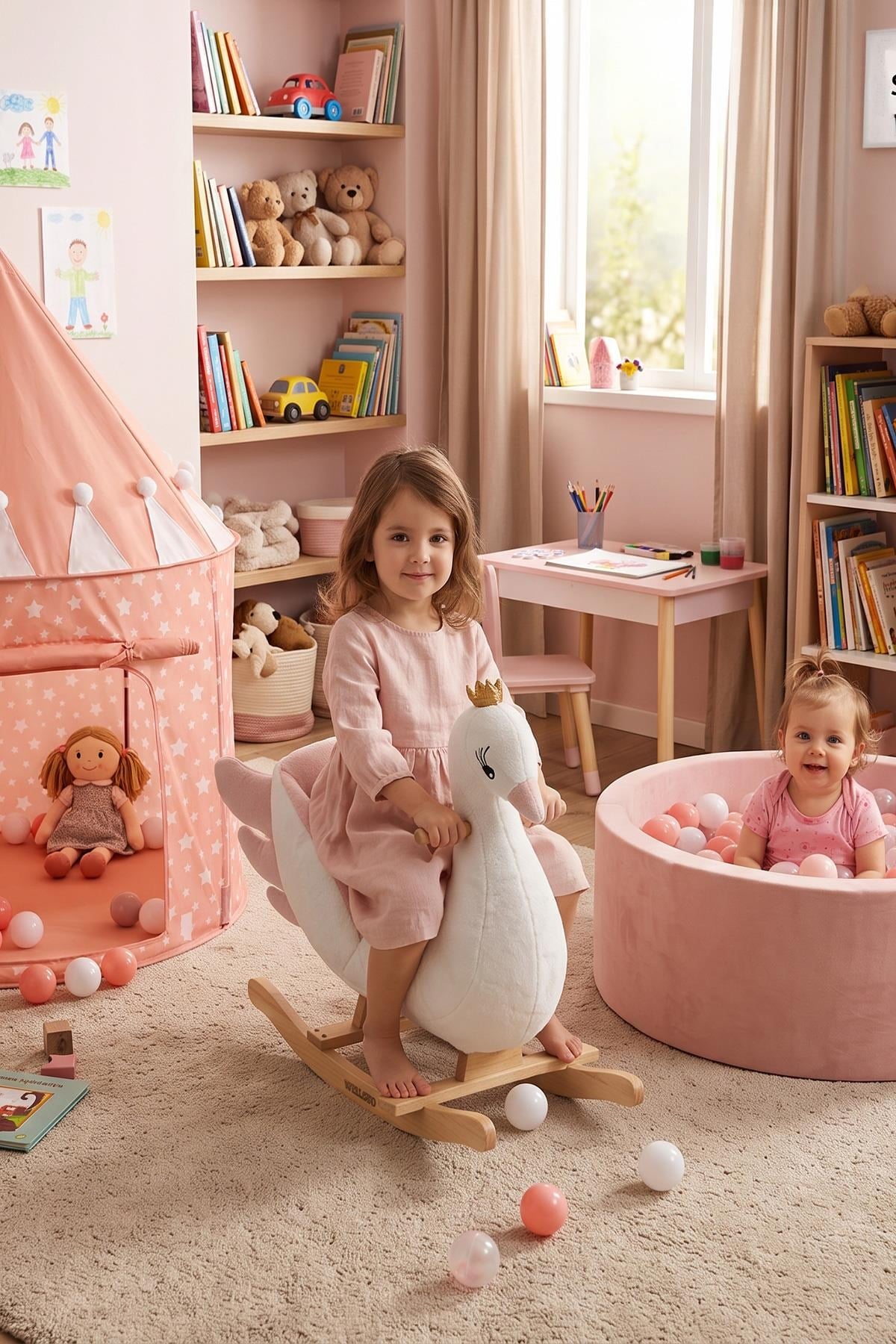 Wellgro Pembe Masal Dünyası 3'lü Oyun Seti - Şato Çadır, Sallanan Ahşap Kuğu ve Sünger Top Havuzu (150 Top Dahil)