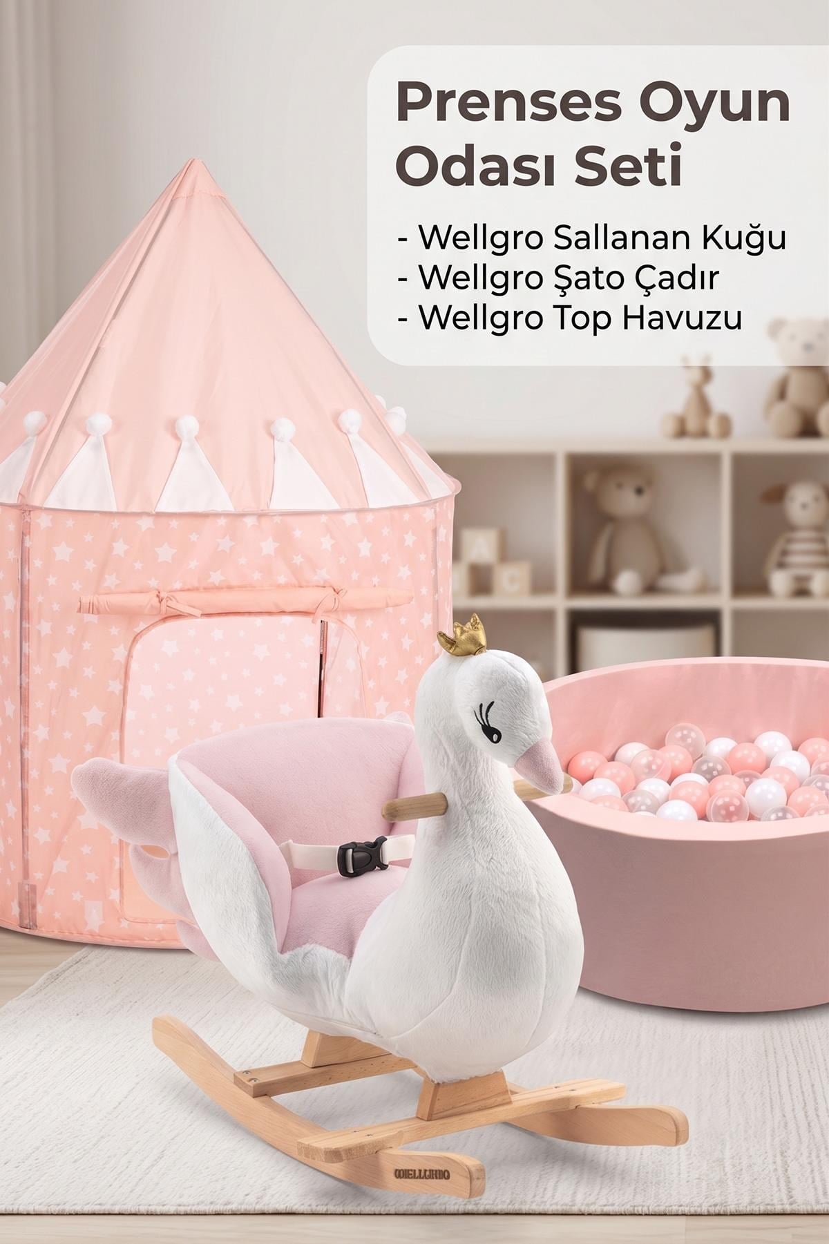 Wellgro Pembe Masal Dünyası 3'lü Oyun Seti - Şato Çadır, Sallanan Ahşap Kuğu ve Sünger Top Havuzu (150 Top Dahil)