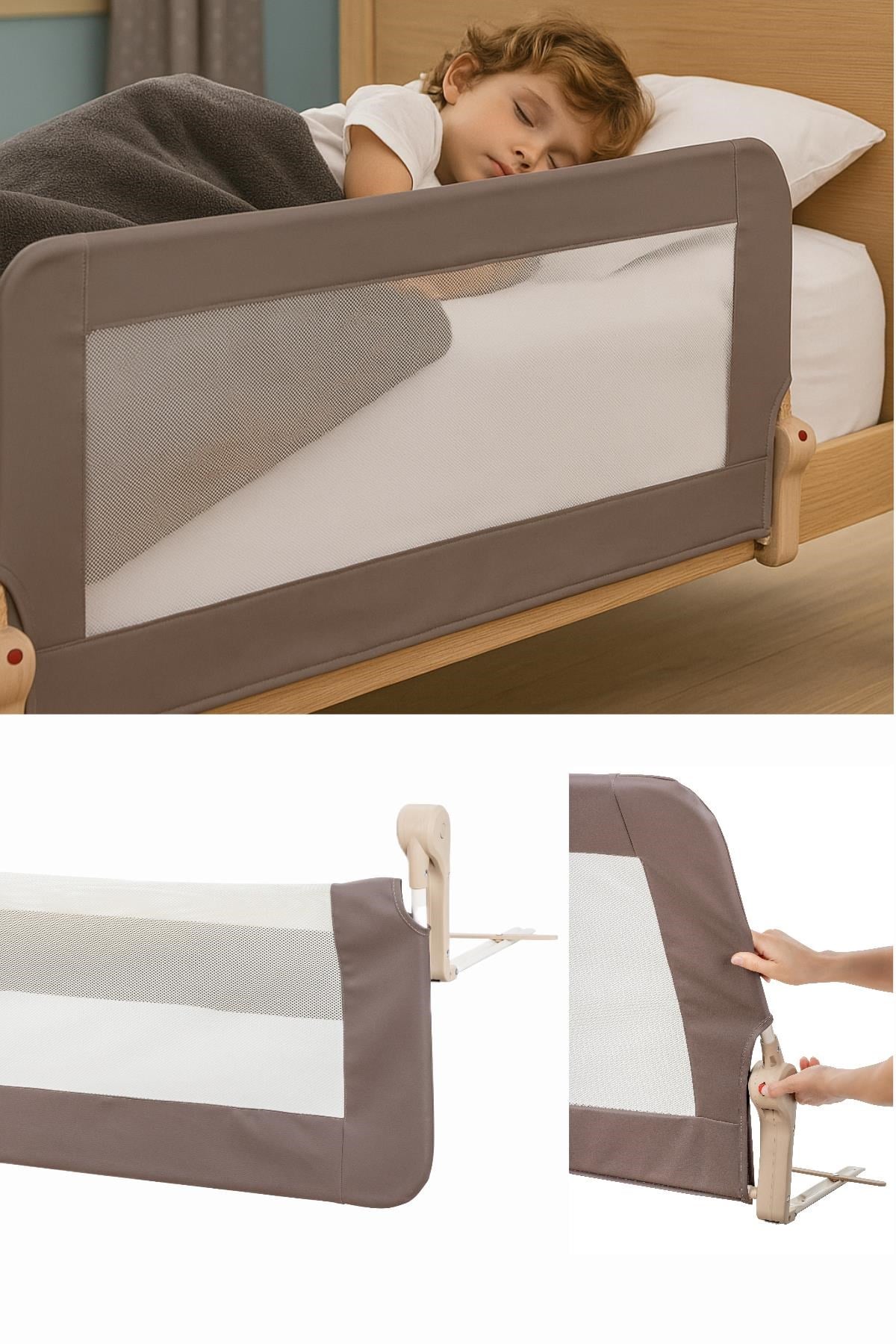 Wellgro Premium 120x65 cm Deri Kılıflı Yatak Bariyeri, Katlanır Yatak Korkuluğu, Kahve