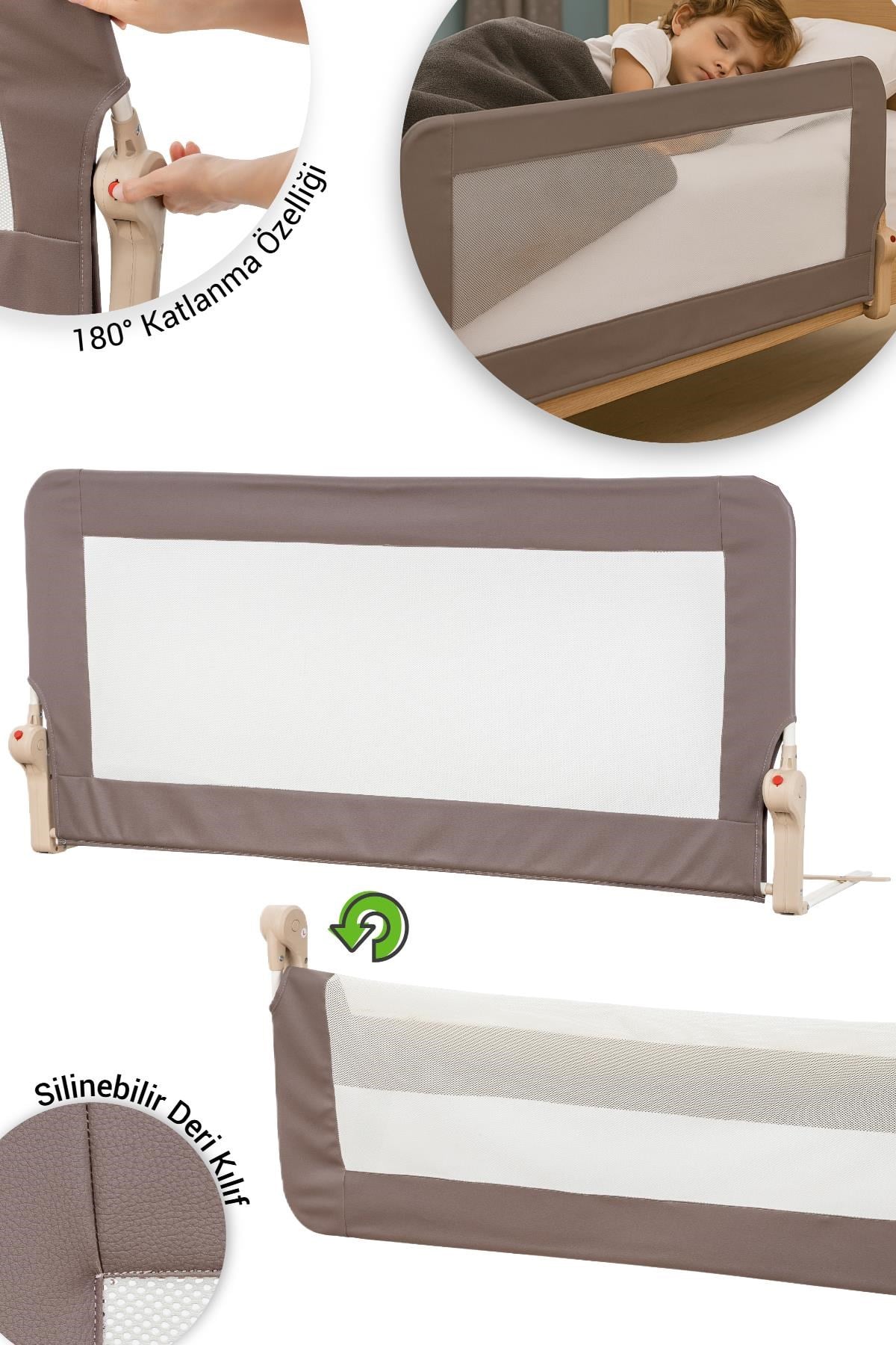 Wellgro Premium 120x65 cm Deri Kılıflı Yatak Bariyeri, Katlanır Yatak Korkuluğu, Kahve