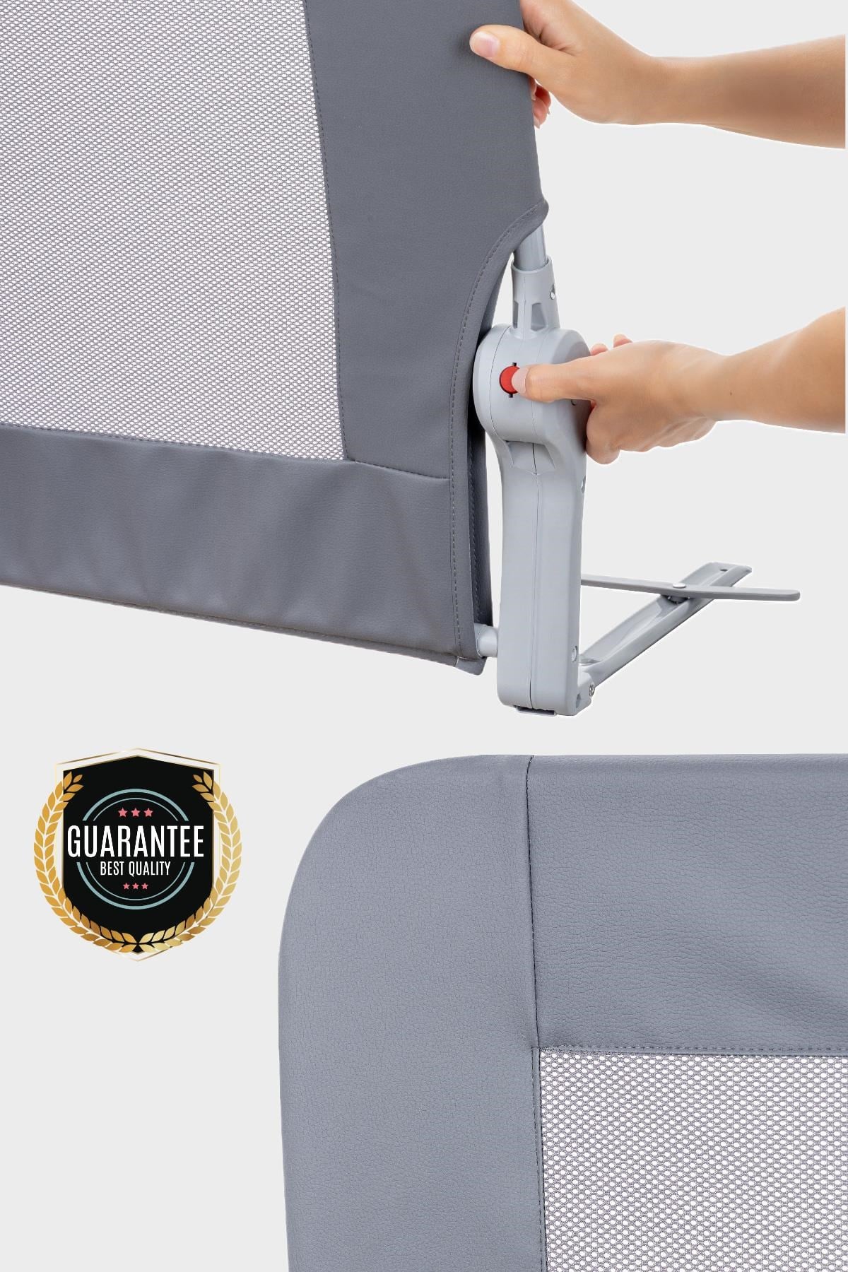 Wellgro Premium 150x65 cm Deri Kılıflı Yatak Bariyeri, Katlanır Yatak Korkuluğu, Gri