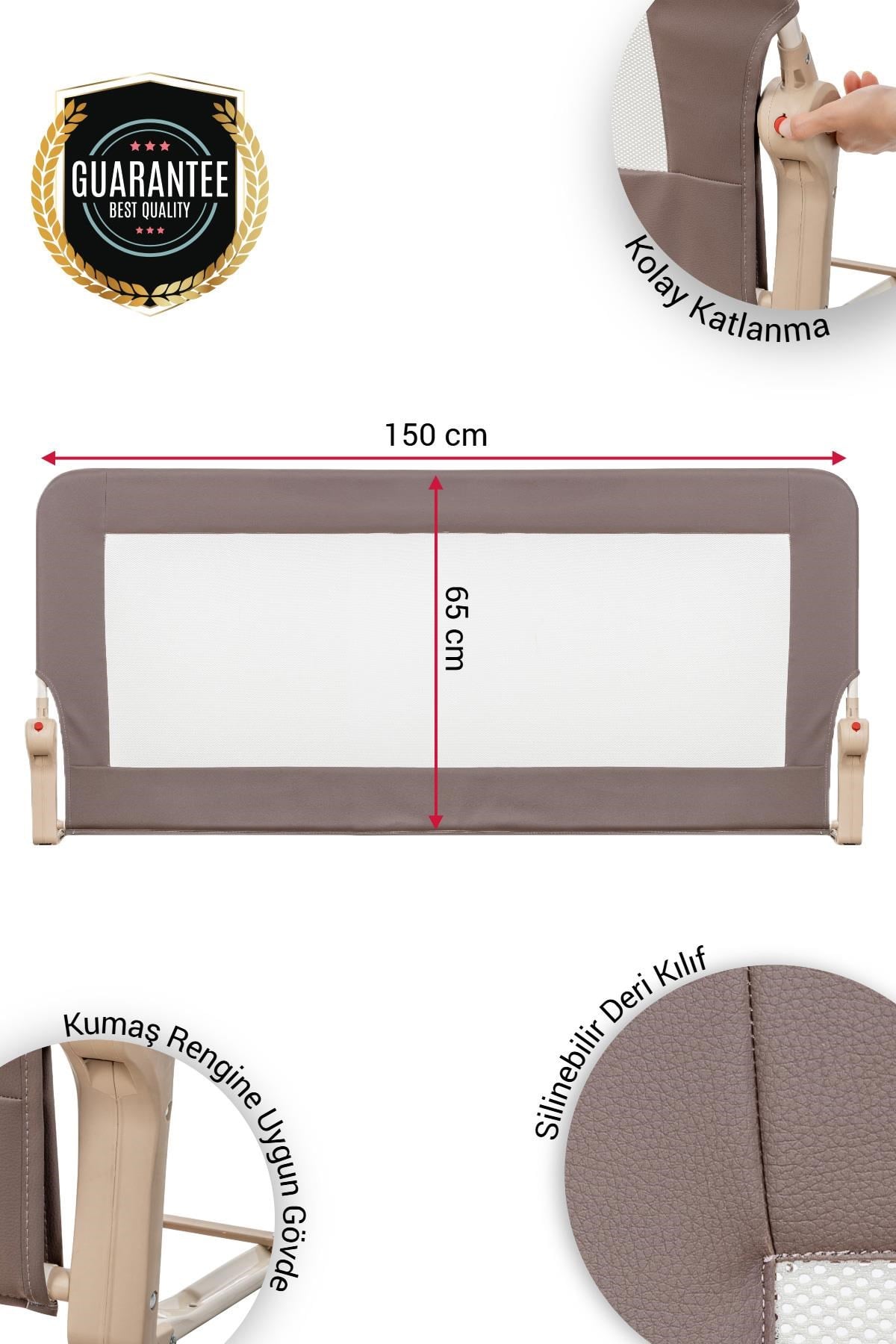 Wellgro Premium 150x65 cm Deri Kılıflı Yatak Bariyeri, Katlanır Yatak Korkuluğu, Kahve