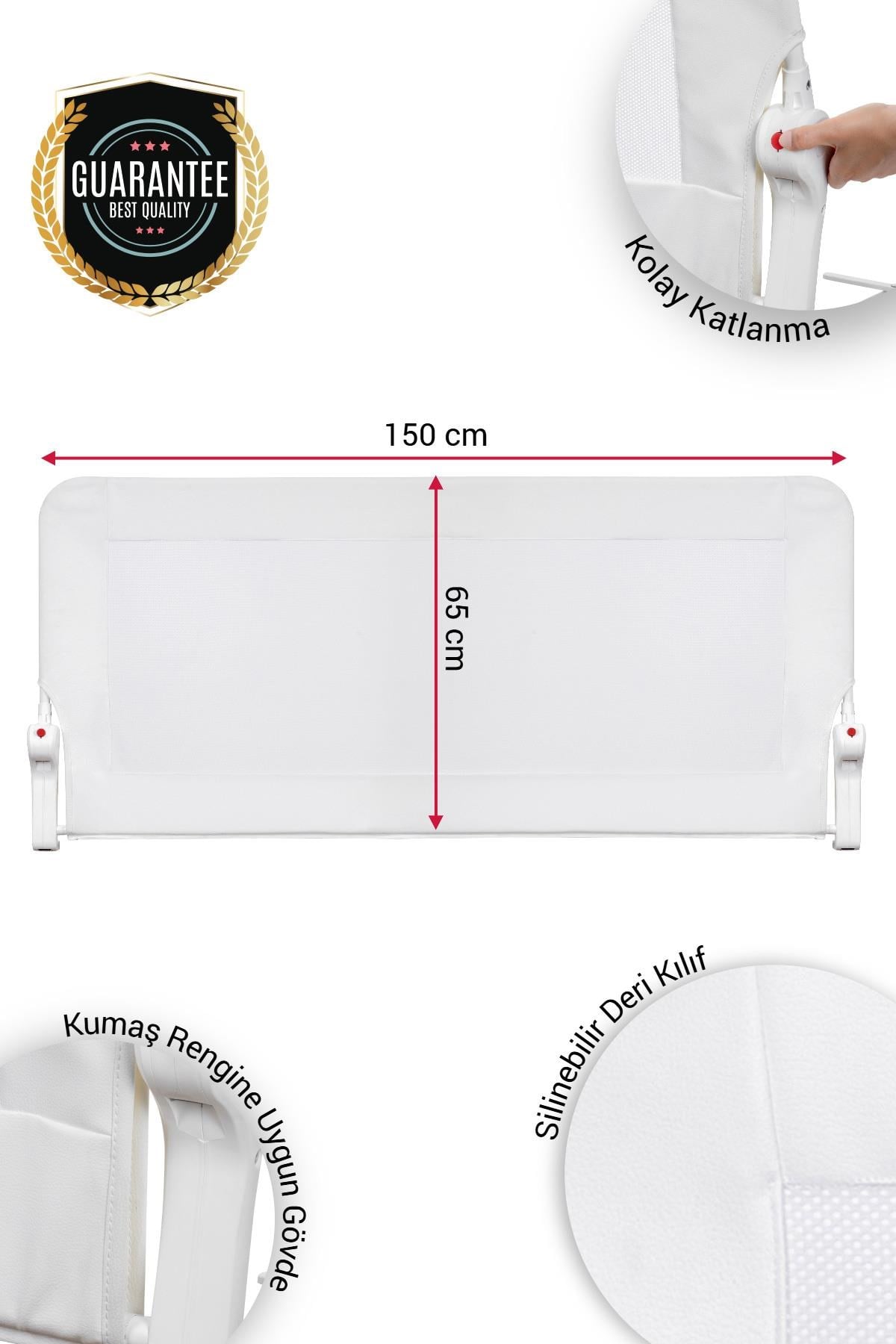 Wellgro Premium 150x65 cm Deri Kılıflı Yatak Bariyeri, Katlanır Yatak Korkuluğu, Beyaz