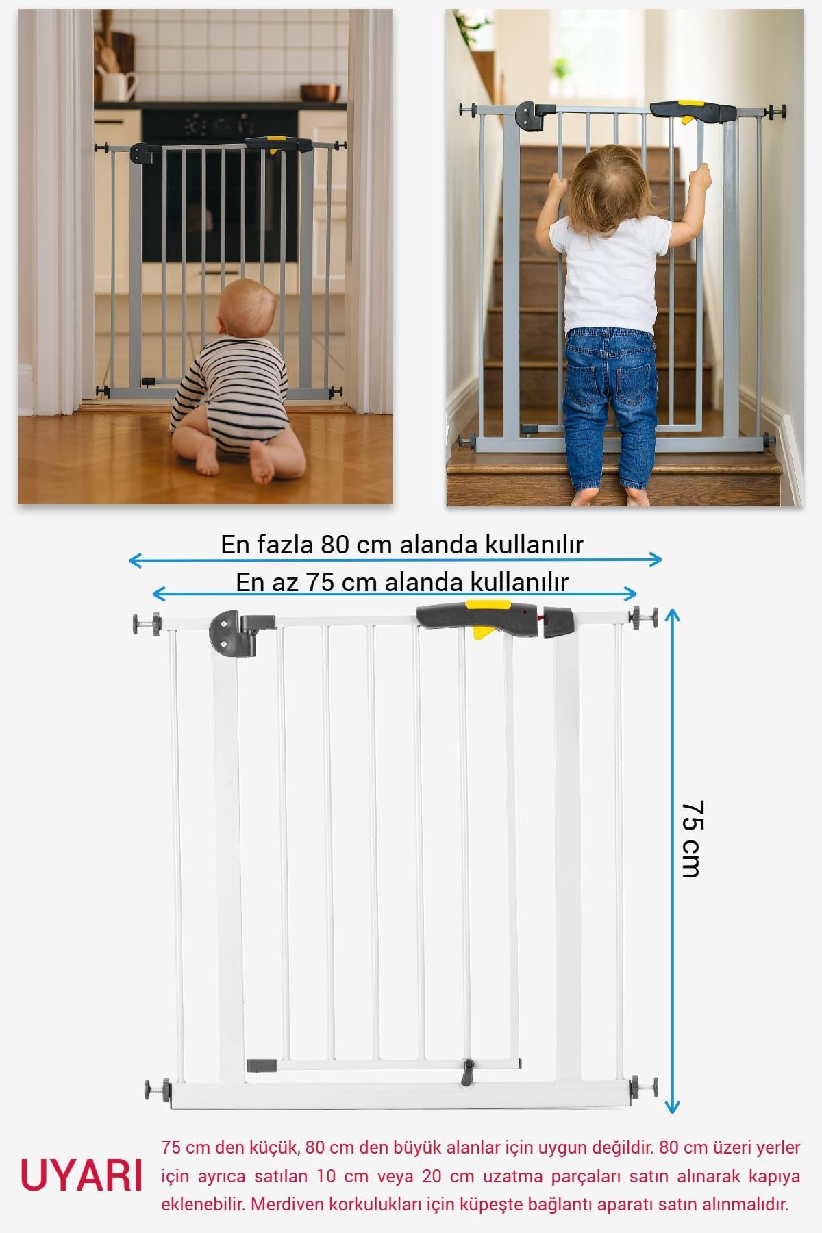 Wellgro Pro 75-80 cm Çocuk Güvenlik Kapısı, Merdiven Kapısı ve Korkuluk, Beyaz