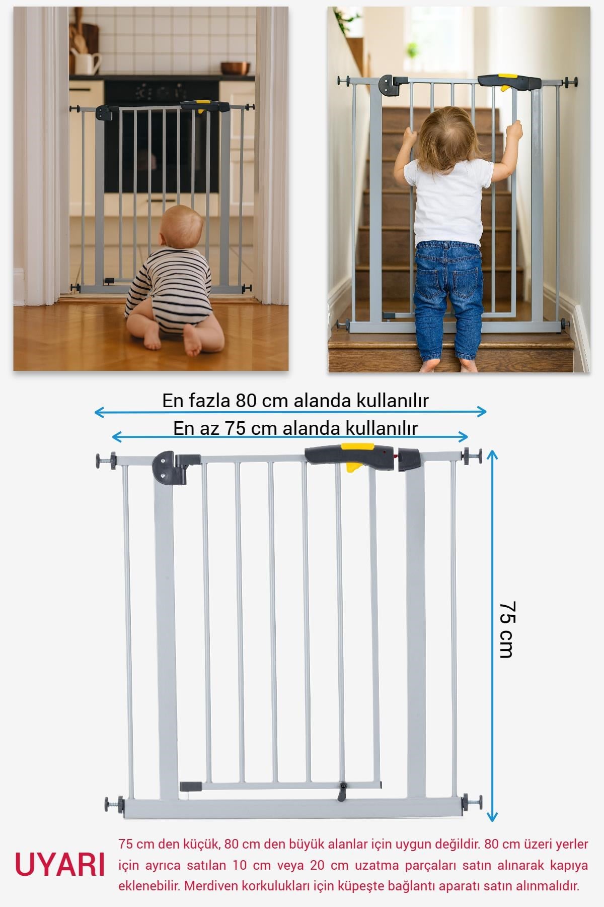 Wellgro Pro 75-80 cm Çocuk Merdiven ve Güvenlik Kapısı, Merdiven Korkuluğu, Gri