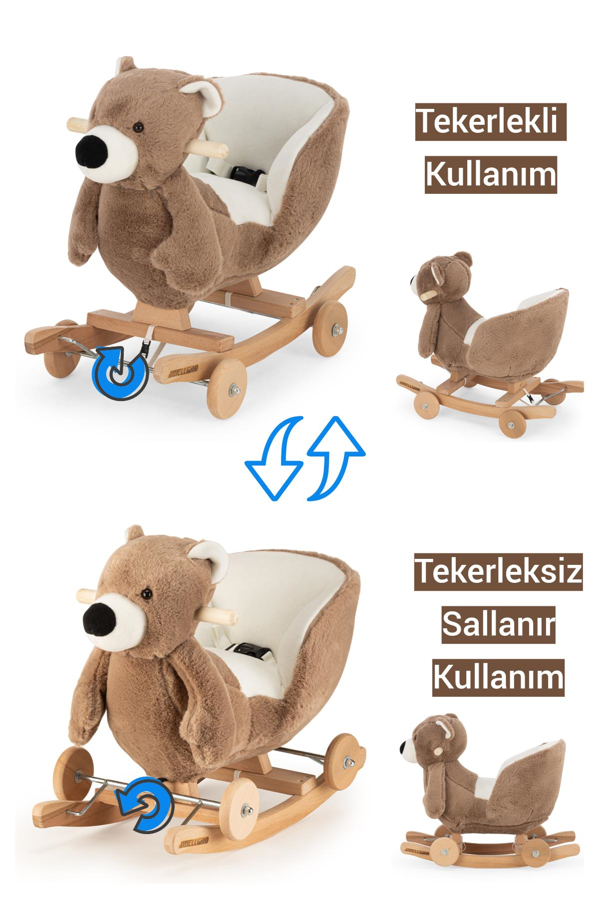 Wellgro Tekerlekli ve Sallanan Ahşap Sallanan Ayı