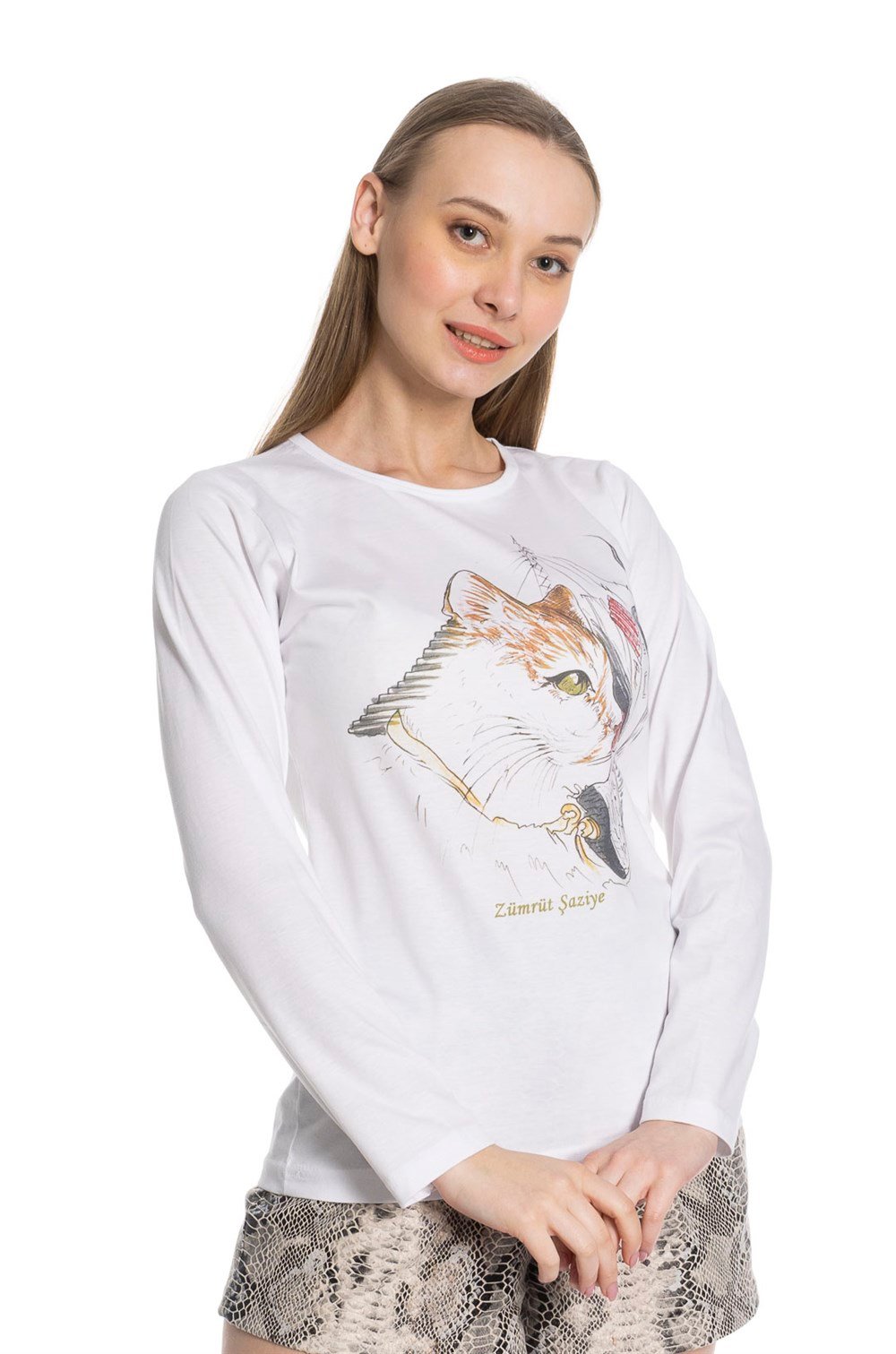 Bisiklet Yaka Amiral Baskılı Uzun Kollu Beyaz Pamuklu Tshirt