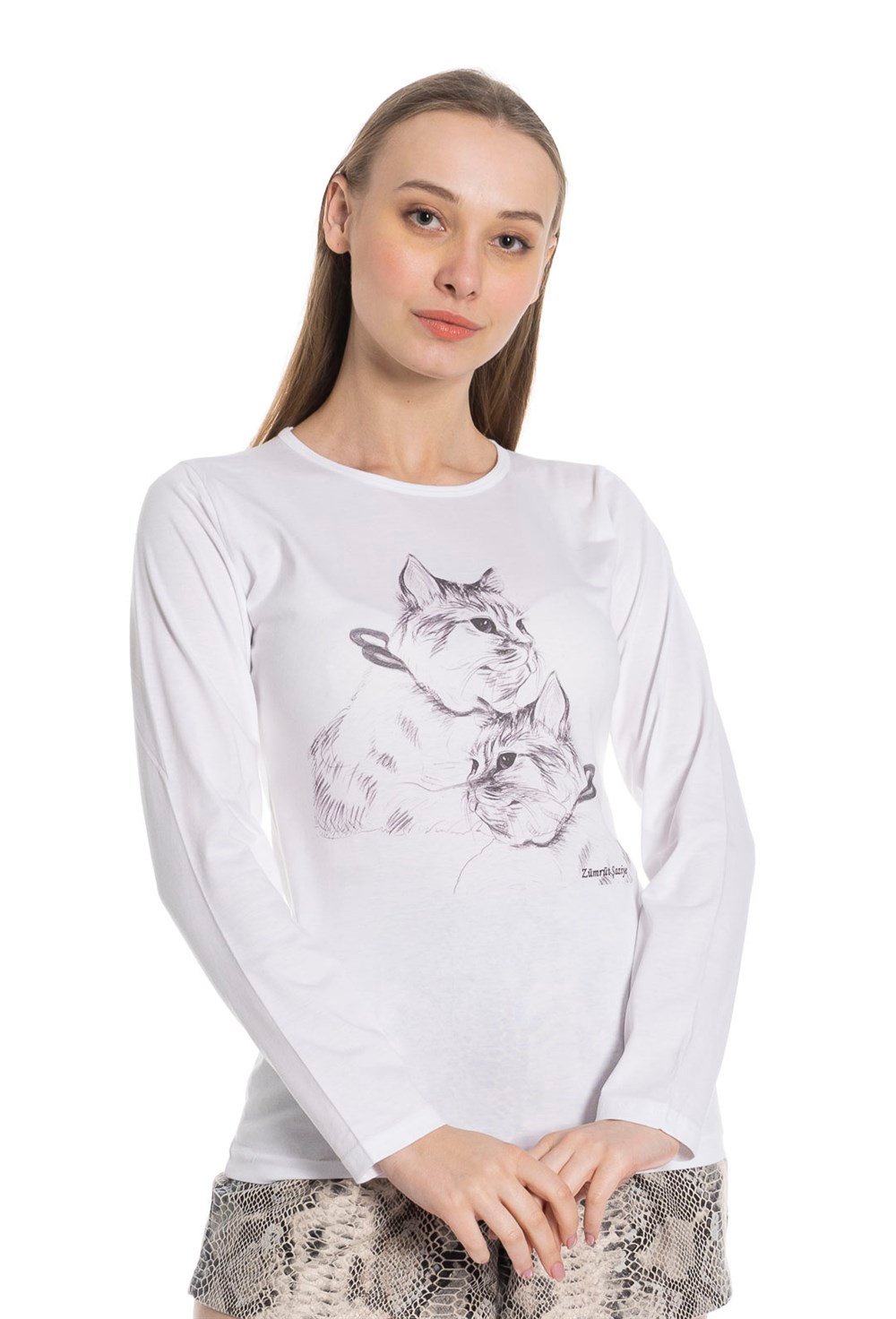Bisiklet Yaka Çift Surat Baskılı Uzun Kollu Beyaz Pamuklu Tshirt