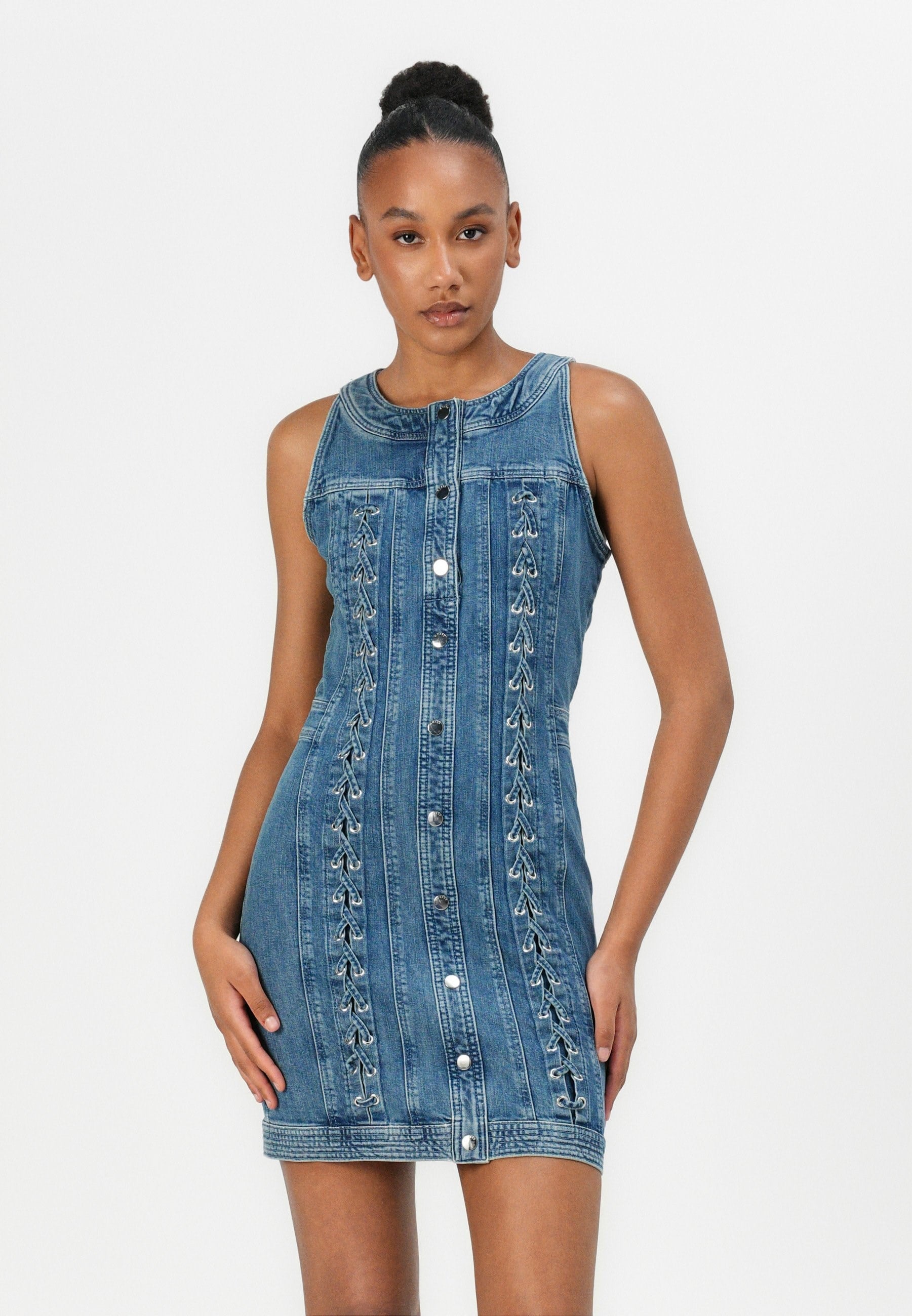 Bağcık Detaylı Mini Denim Tasarım Elbise
