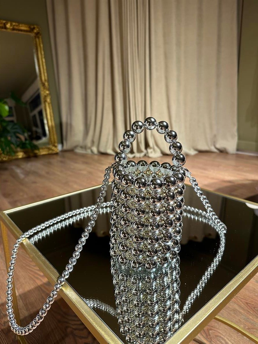 Boncuklu Silindir Silver Çanta