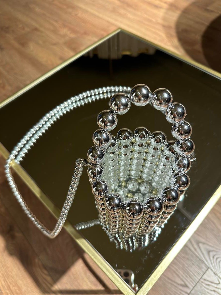 Boncuklu Silindir Silver Çanta