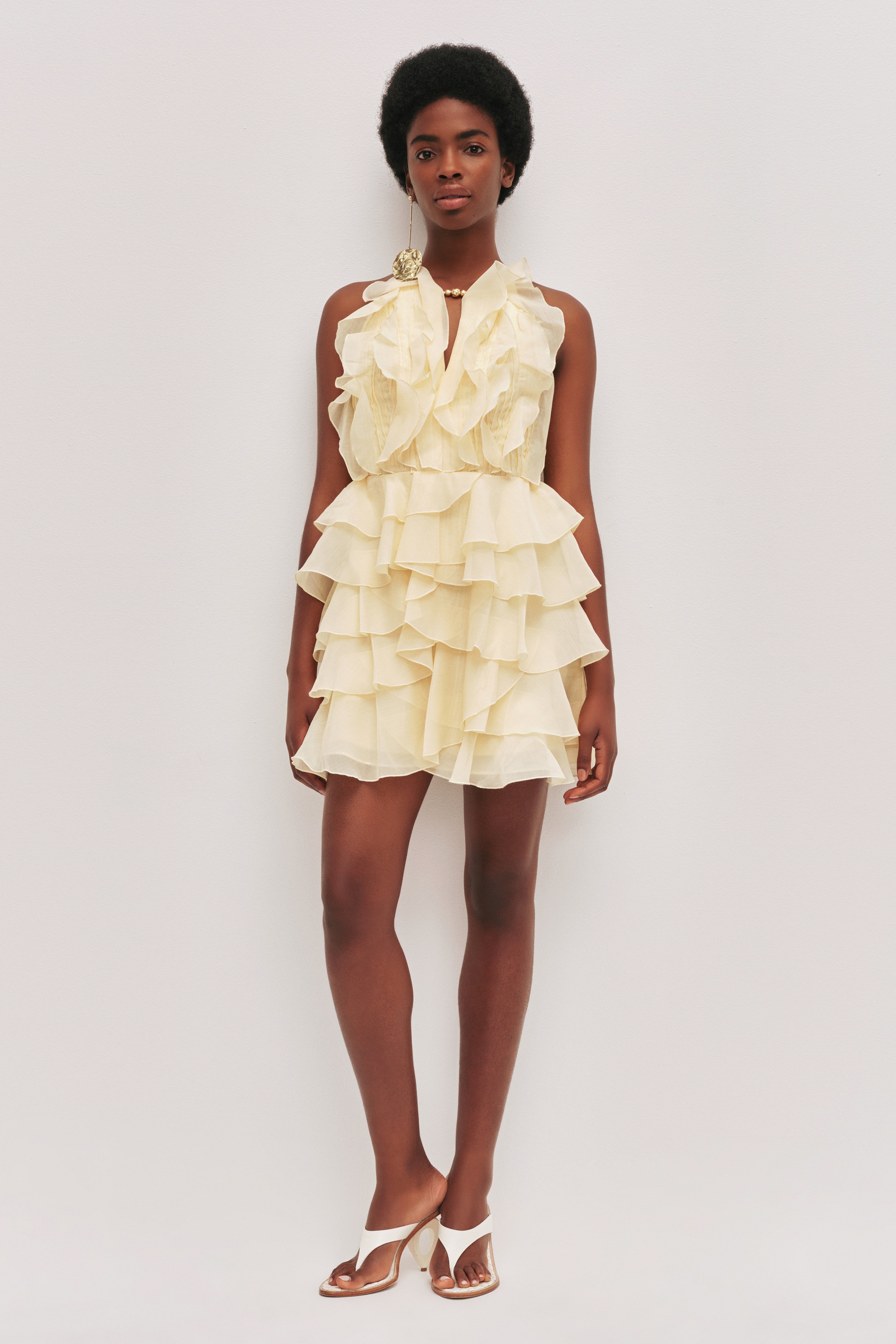 Fırfırlı Sarı Premium Mini Elbise