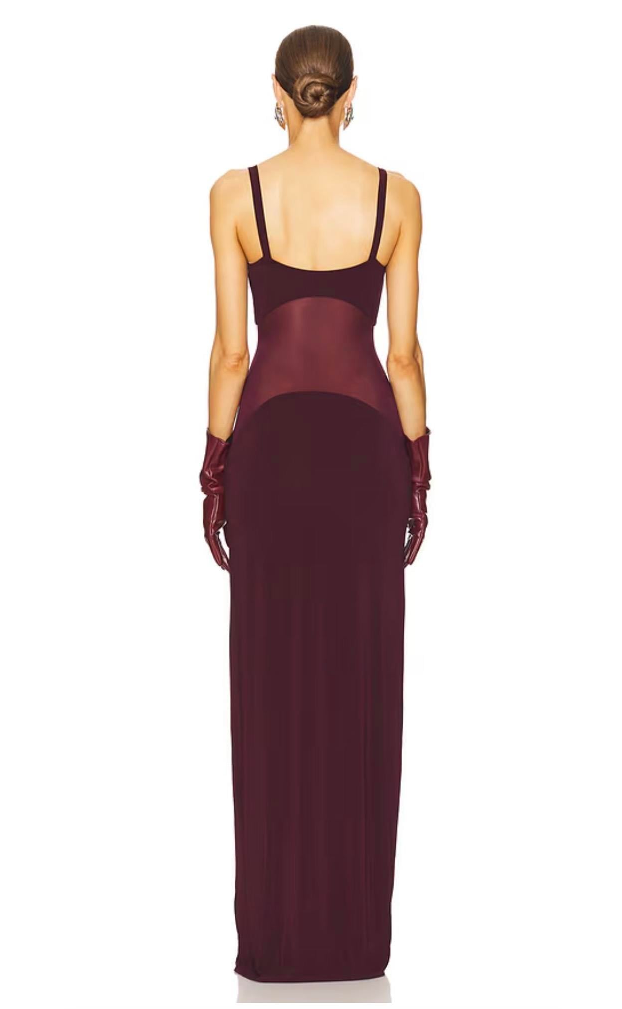 Göbeği Transparan Askılı Bordo Maksi Elbise