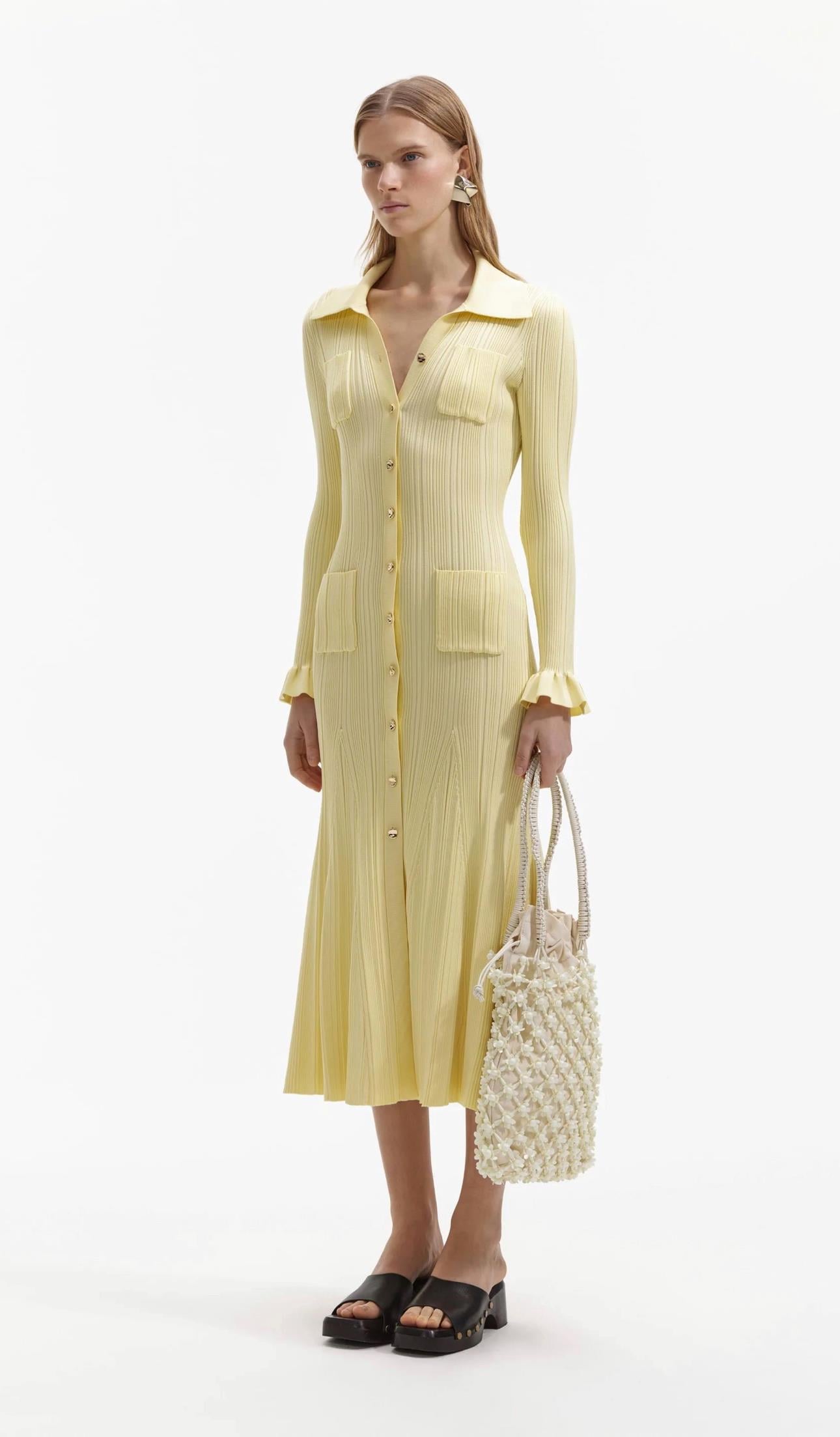 Gold Düğmeli Triko Sarı Midi Tasarım Elbise