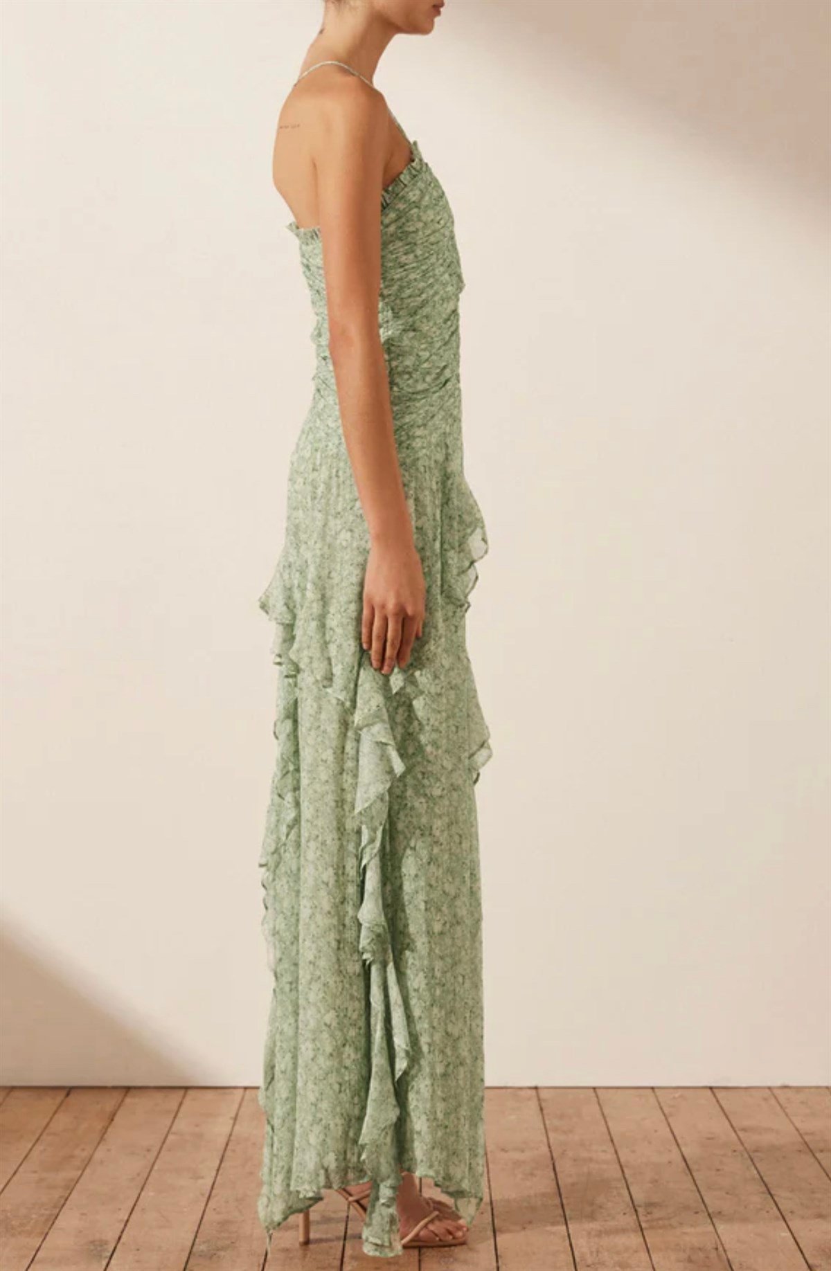 İp Askılı Farbalalı Desenli Tasarım Şifon Elbise