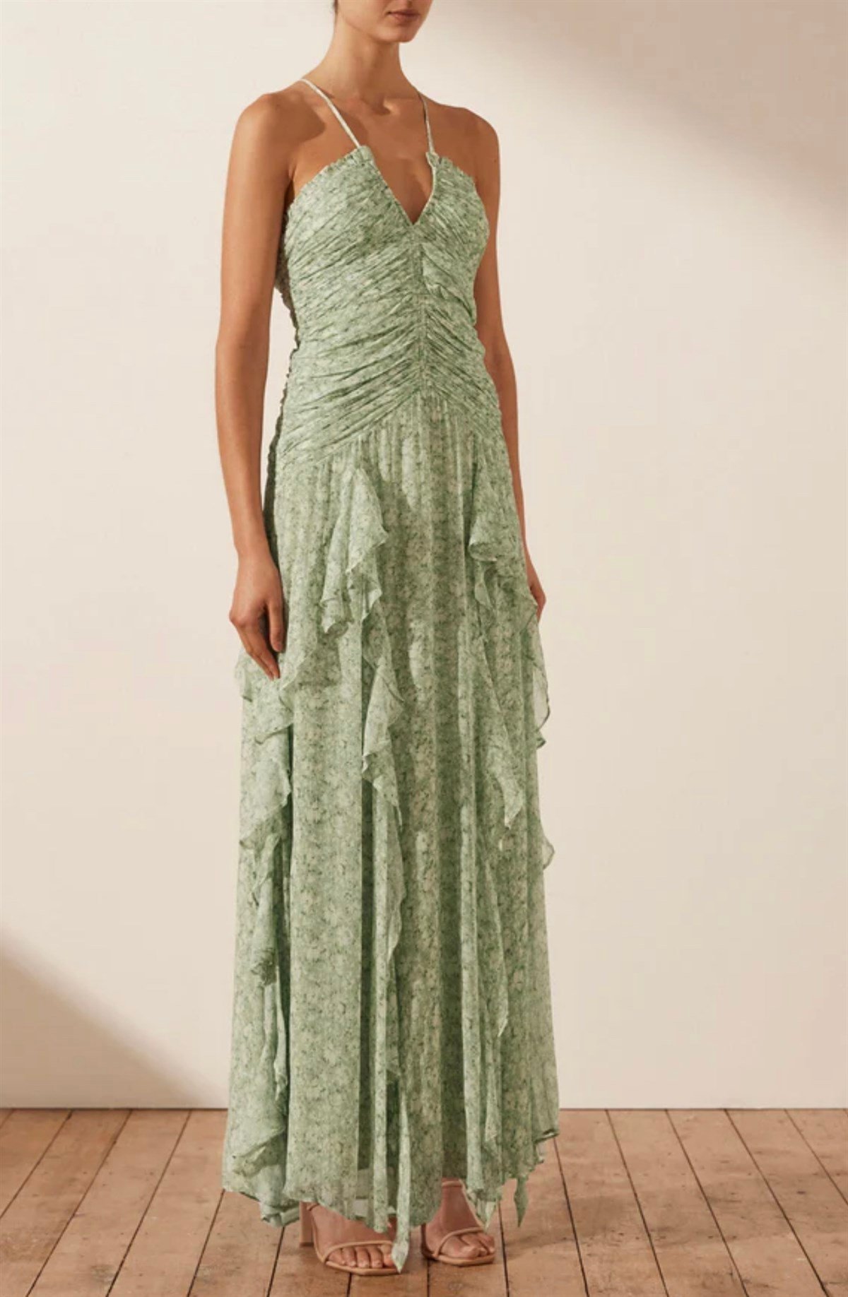 İp Askılı Farbalalı Desenli Tasarım Şifon Elbise