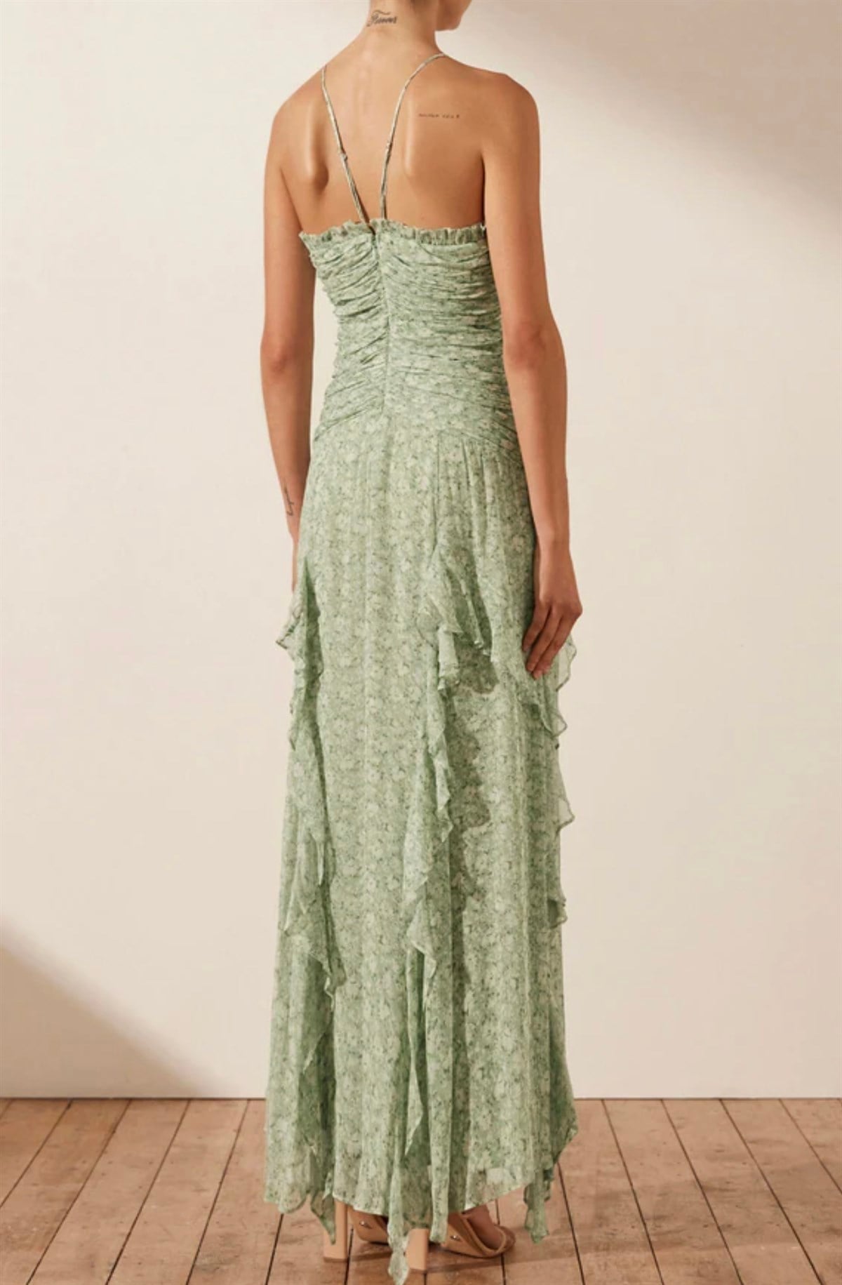 İp Askılı Farbalalı Desenli Tasarım Şifon Elbise