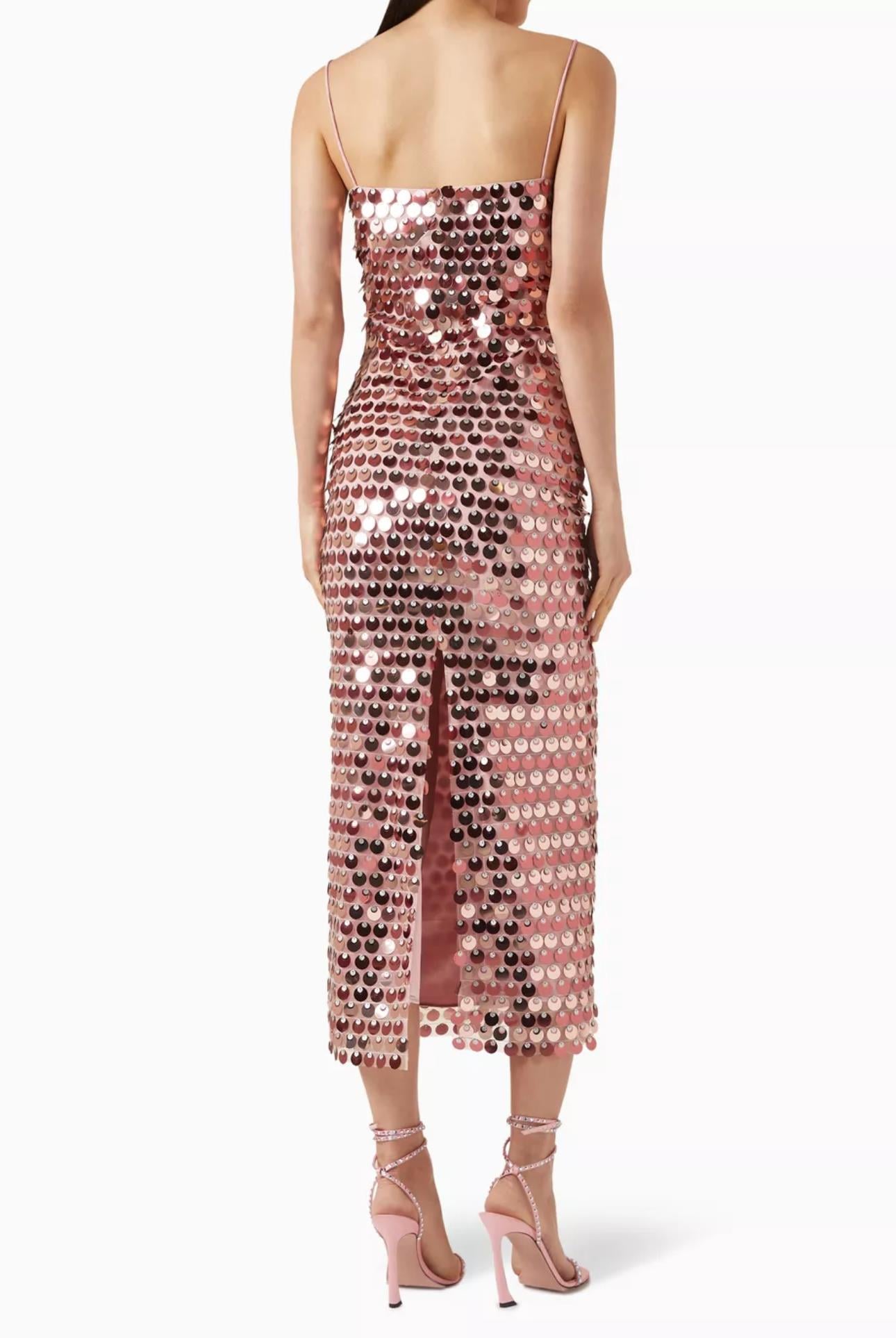 İp Askılı Pullu Toz Pembe Tasarım Midi Elbise