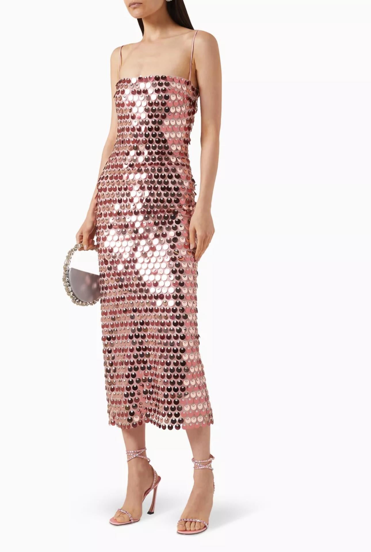 İp Askılı Pullu Toz Pembe Tasarım Midi Elbise