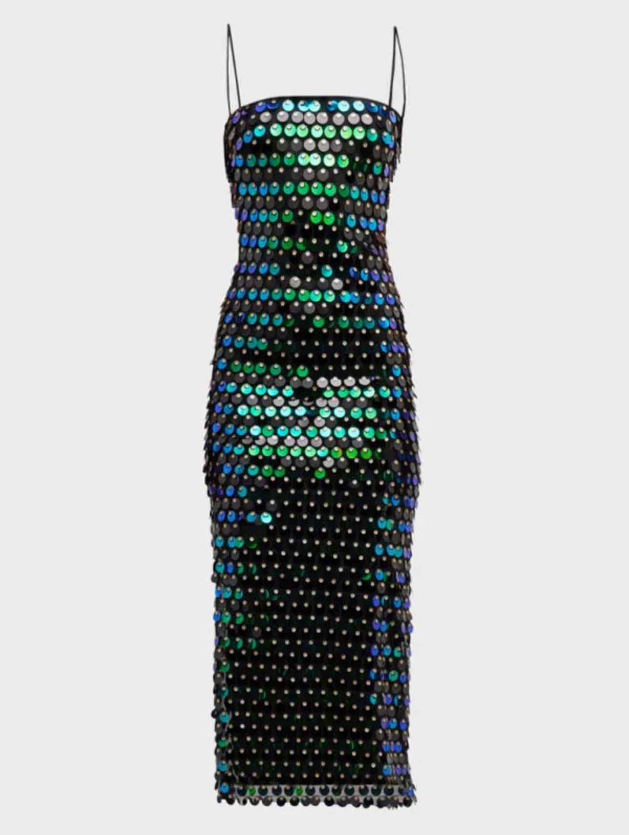 İp Askılı Pullu Yeşil Tasarım Midi Elbise