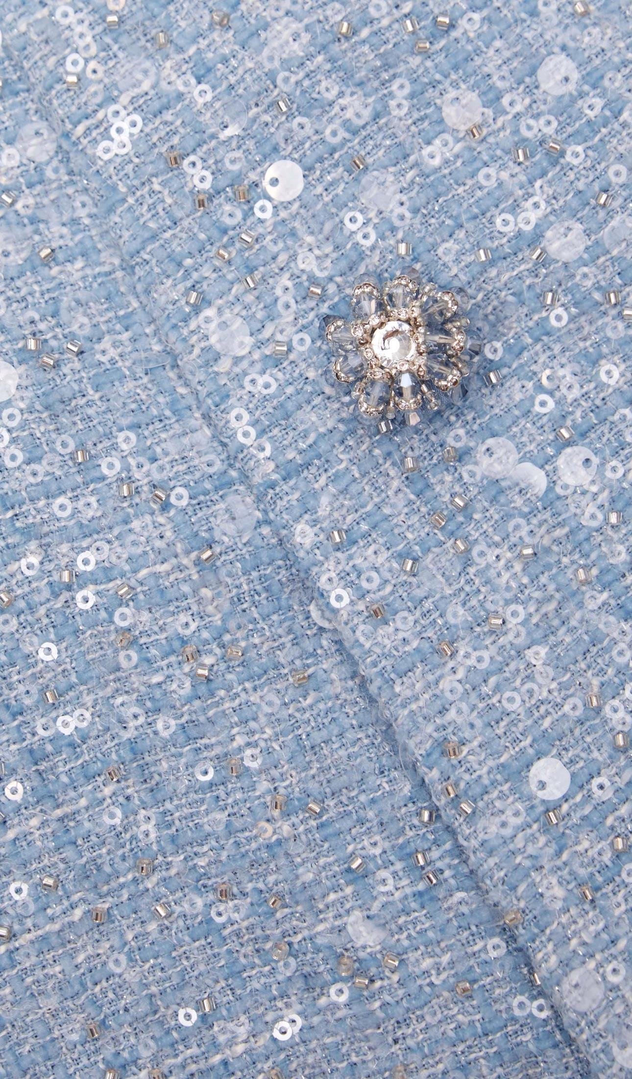 Kendinden Pullu Asimetrik Düğmeli Tasarım Mavi Tüvid Ceket