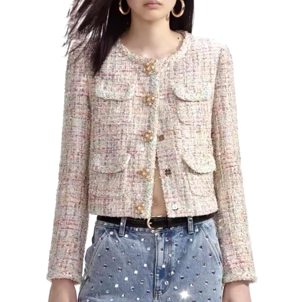 Kendinden Pullu Kristal Taşlı Tasarım Renkli Tüvid Ceket