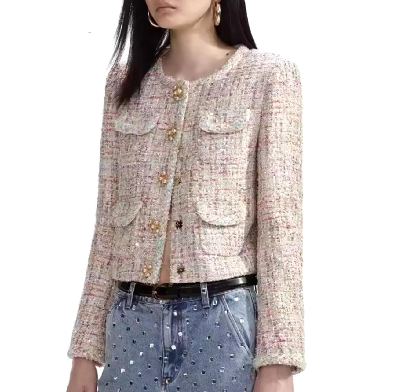 Kendinden Pullu Kristal Taşlı Tasarım Renkli Tüvid Ceket