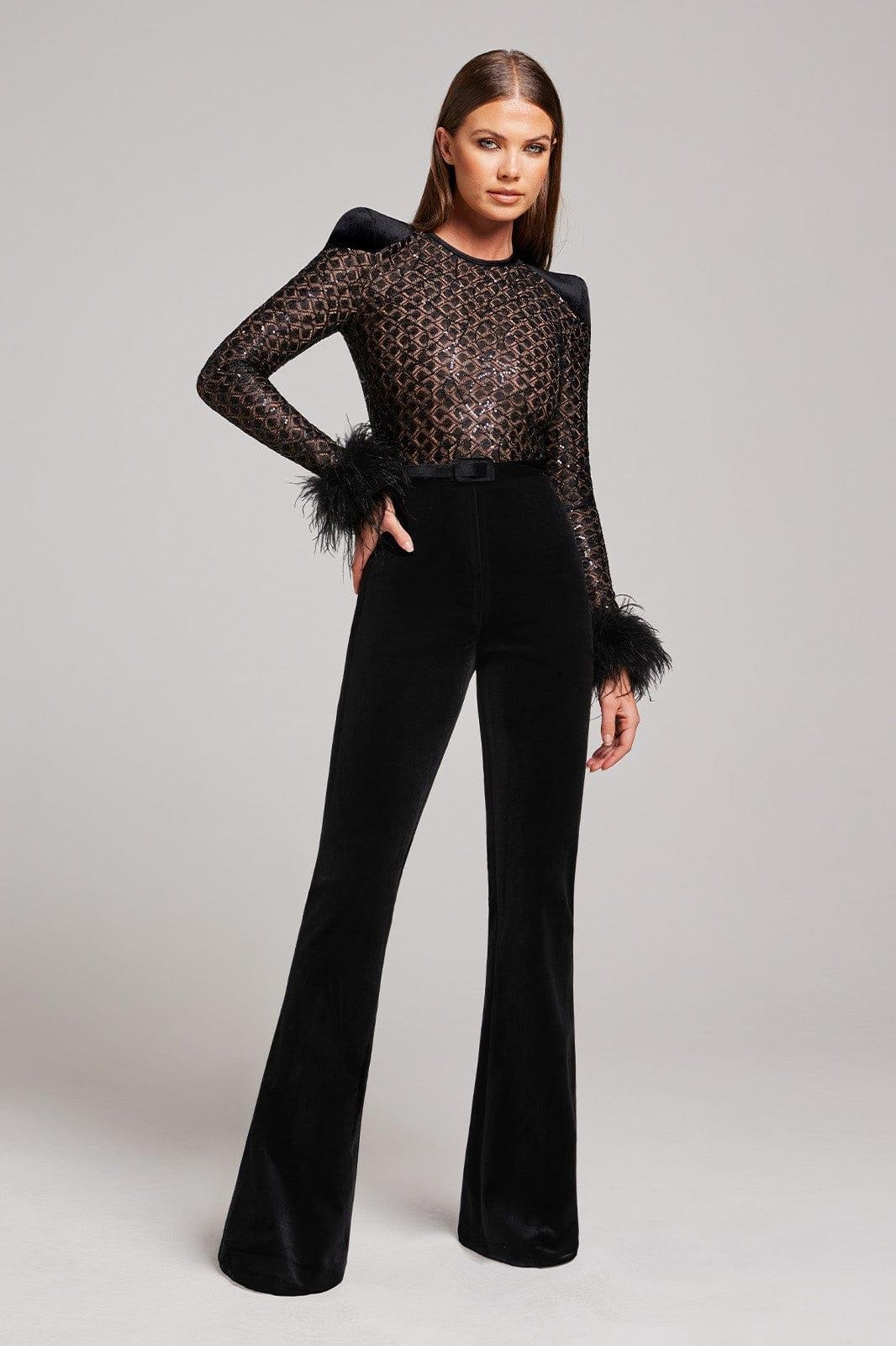 Kol Ucu Otrişli Payetli Siyah Tulum