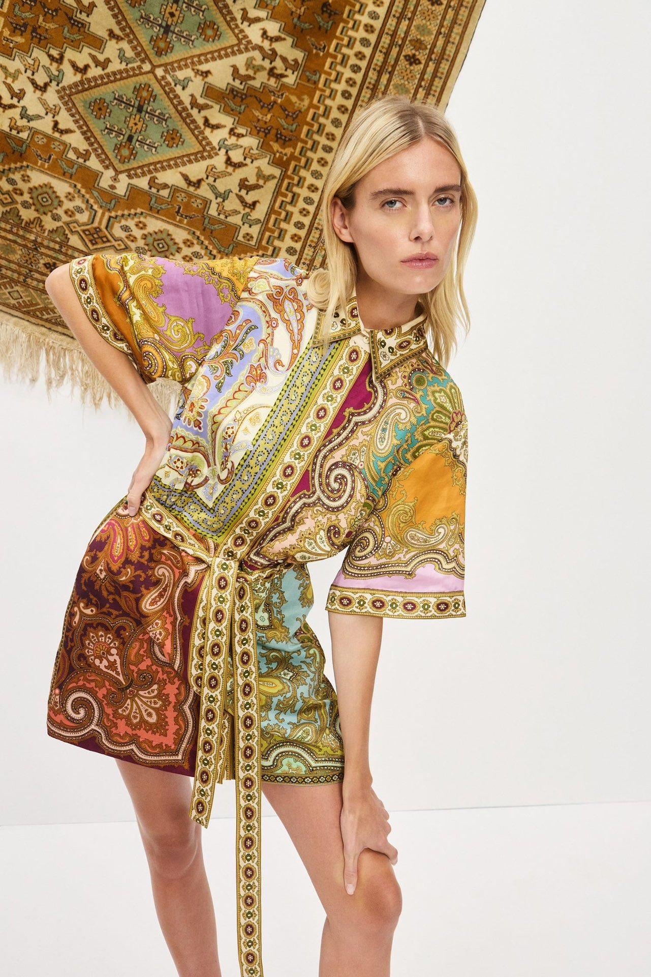 Patchwork Desenli Kuşaklı Koton Mini Premium Elbise