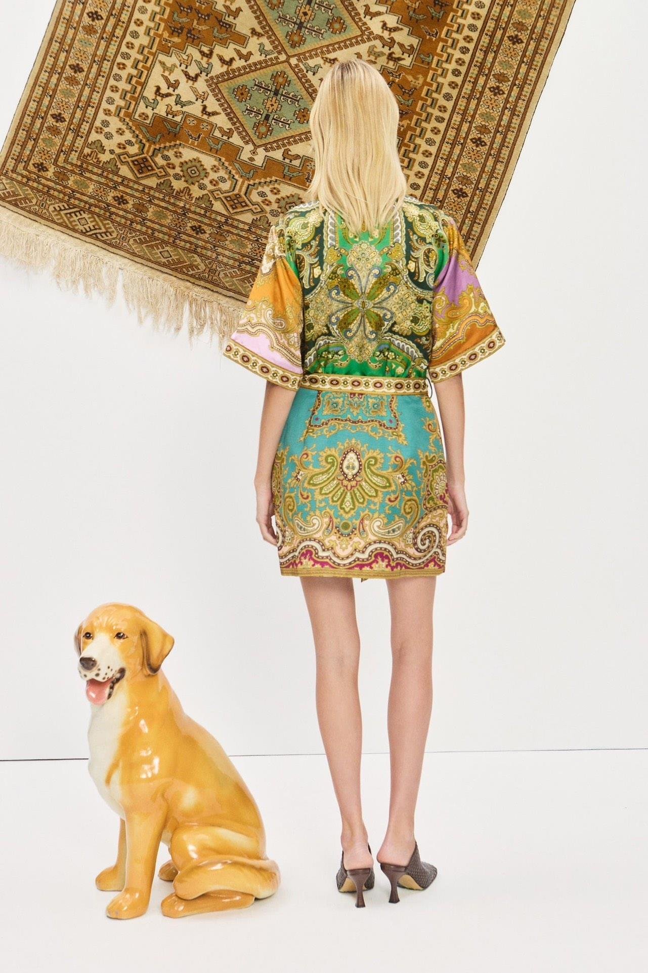 Patchwork Desenli Kuşaklı Koton Mini Premium Elbise