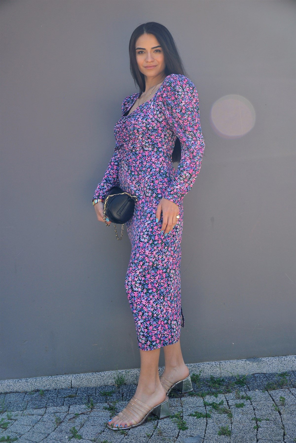 Pembe Çiçekli Midi Elbise